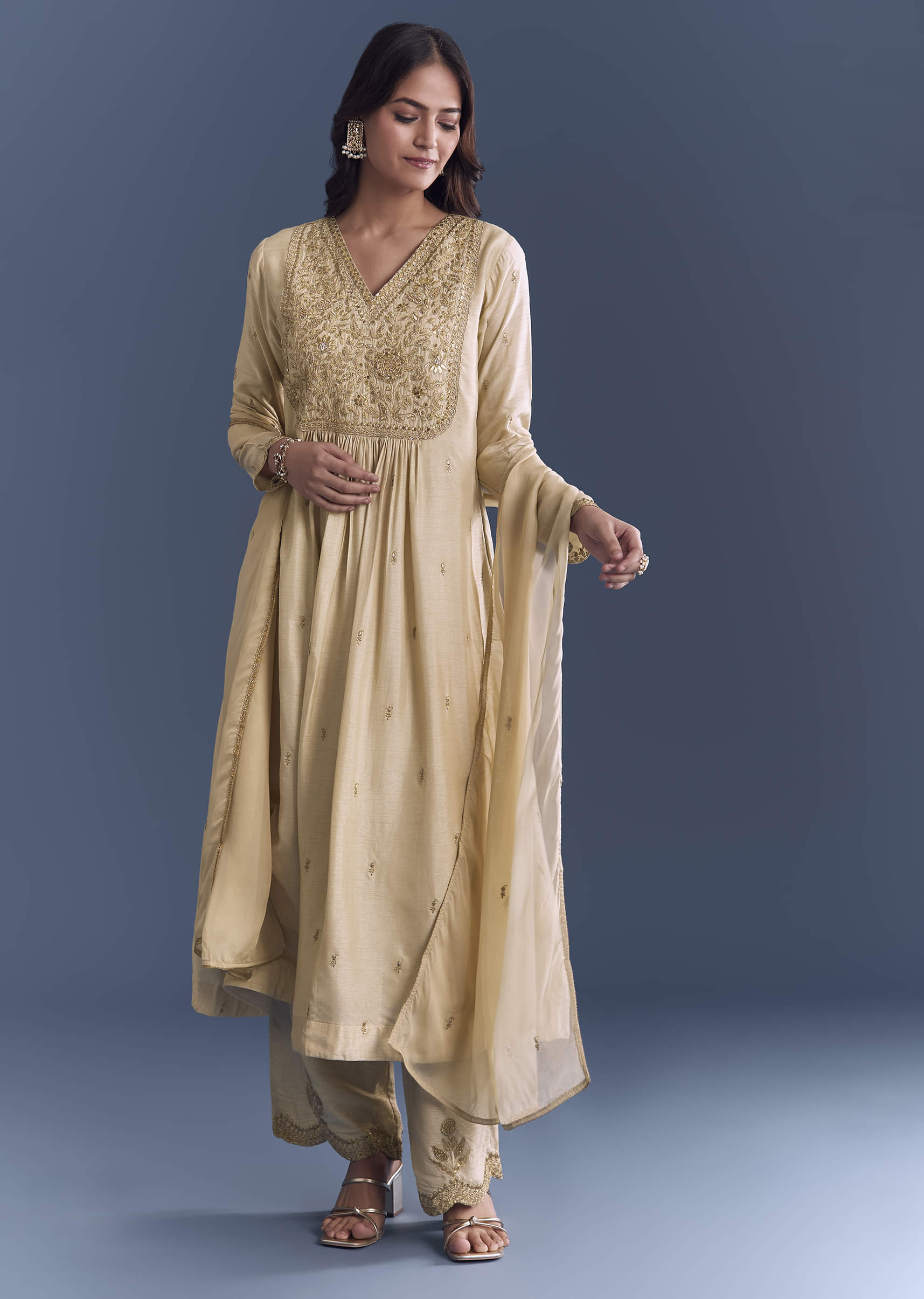 Cream Silk Anarkali Suit With Zari Thread Embroidery