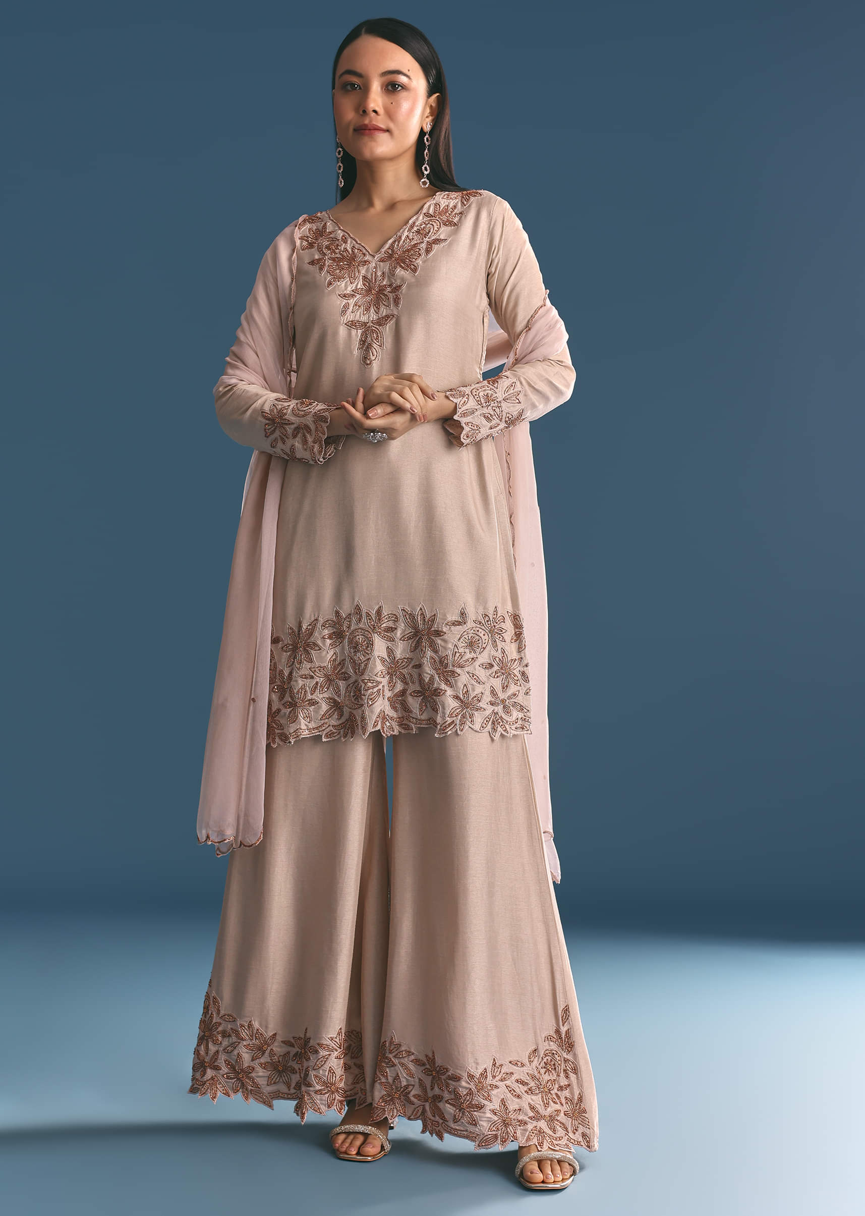 Cream Silk Kurta Palazzo Set With Cut Dana Work