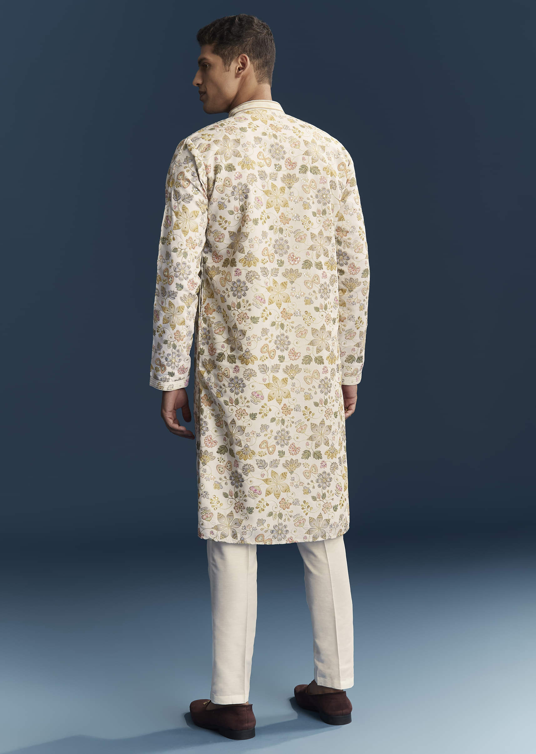 Cream Silk Kurta Set For Men With Resham Embroidery - Image 5