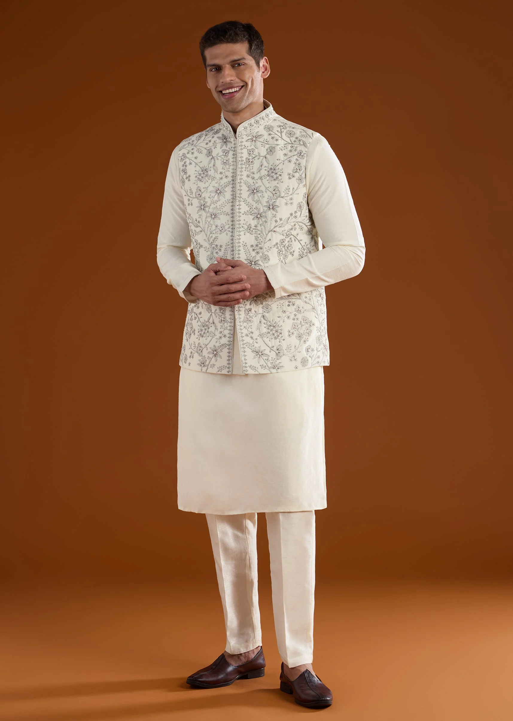 Cream Silk Mens Kurta Jacket Set With Thread Resham Moti And Sequins Work - Image 3