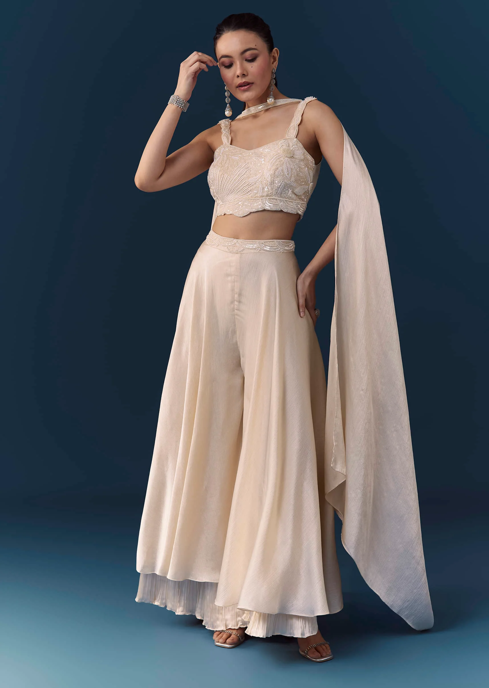 Cream Silk Sequin Work Crop Top Set with Dupatta - Image 3