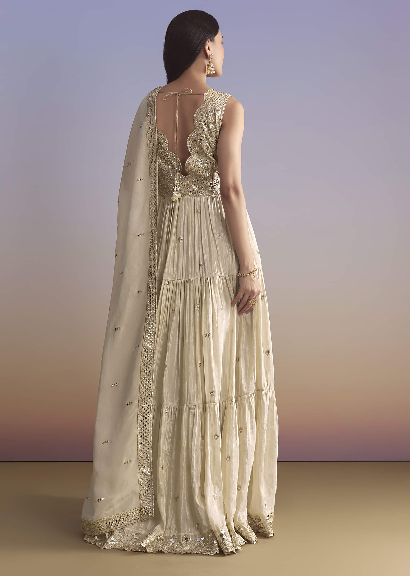 Cream Tissue Anarkali Suit With Zari Work - Image 2