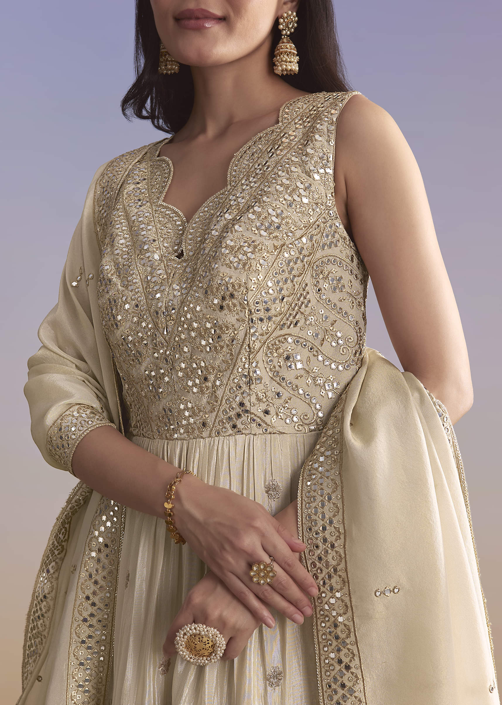 Cream Tissue Anarkali Suit With Zari Work - Image 3