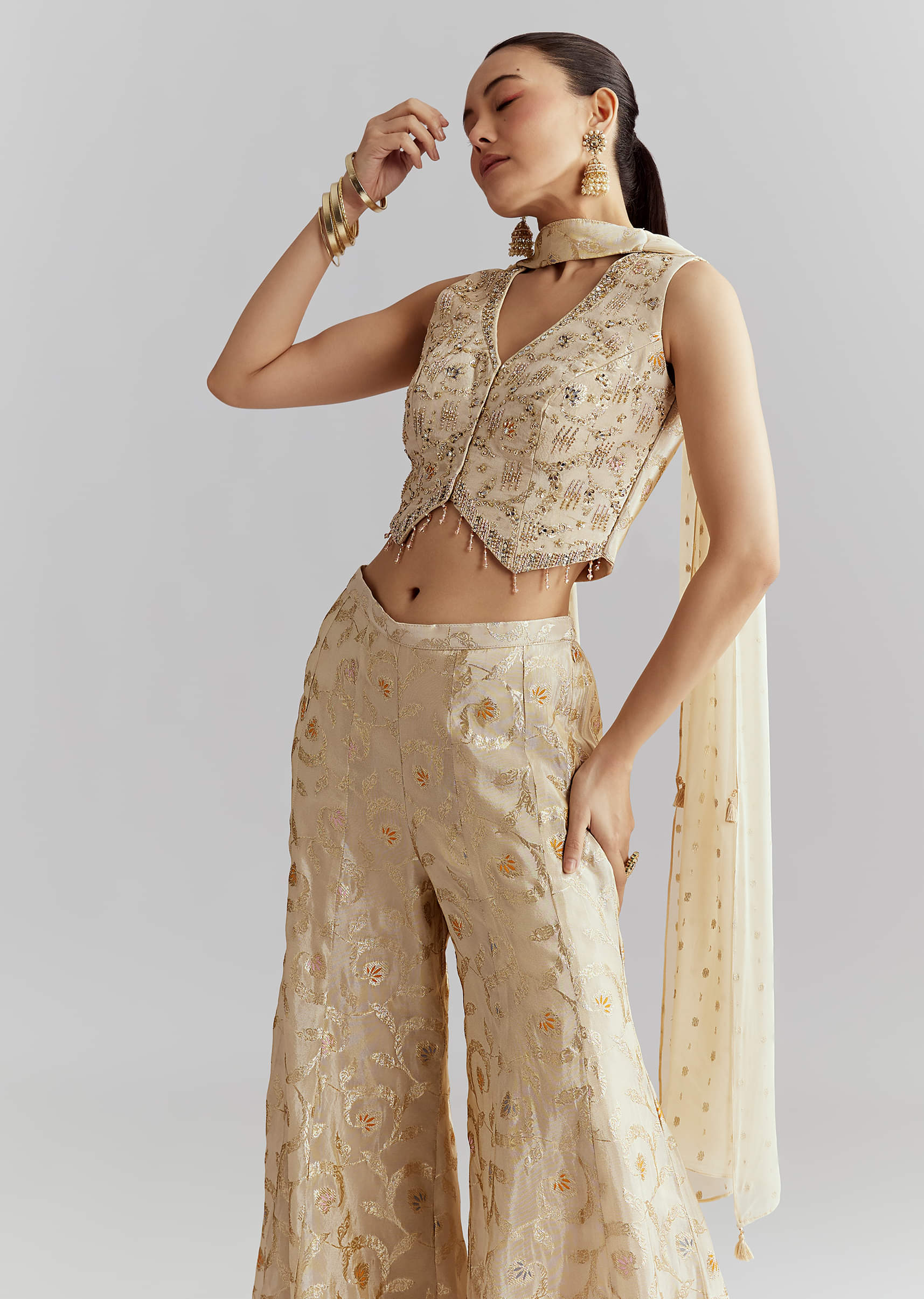 Cream Tissue Crop Top And Palazzo Pant Set With Embroidery - Image 4