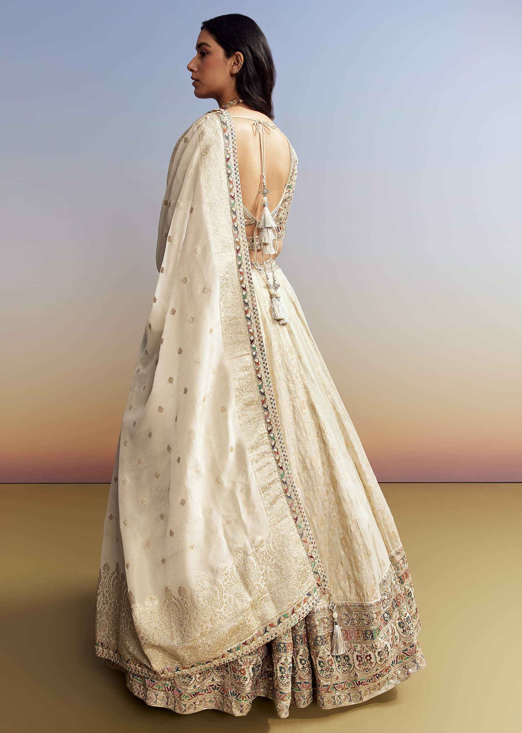 Cream Tissue Embroidered Bridesmaid Lehenga - Image 5