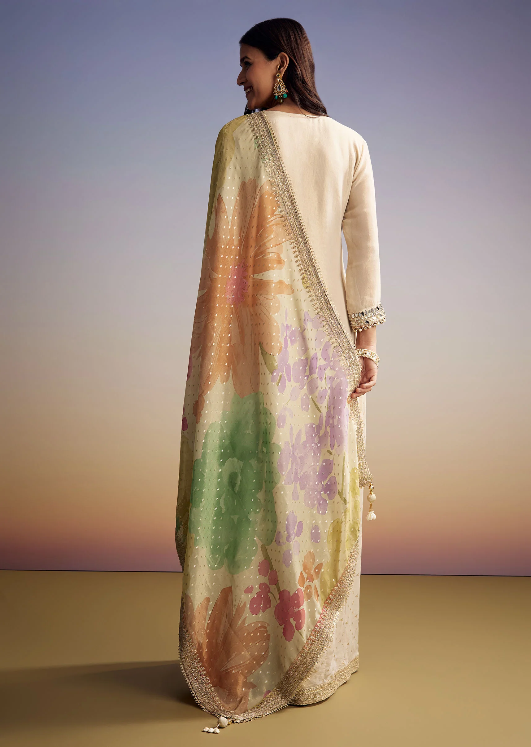 Cream Tissue Palazzo Suit With Mirror And Moti Embroidery And Dupatta - Image 6