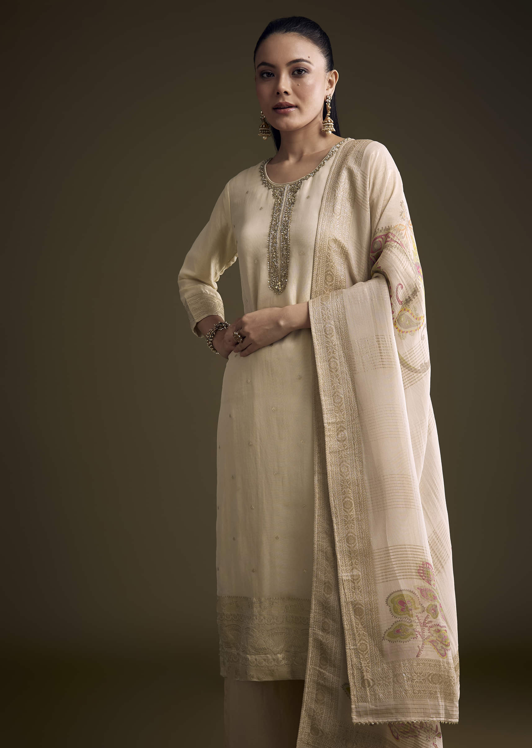 Cream Tissue Palazzo Suit With Sequins And Cutdana Work