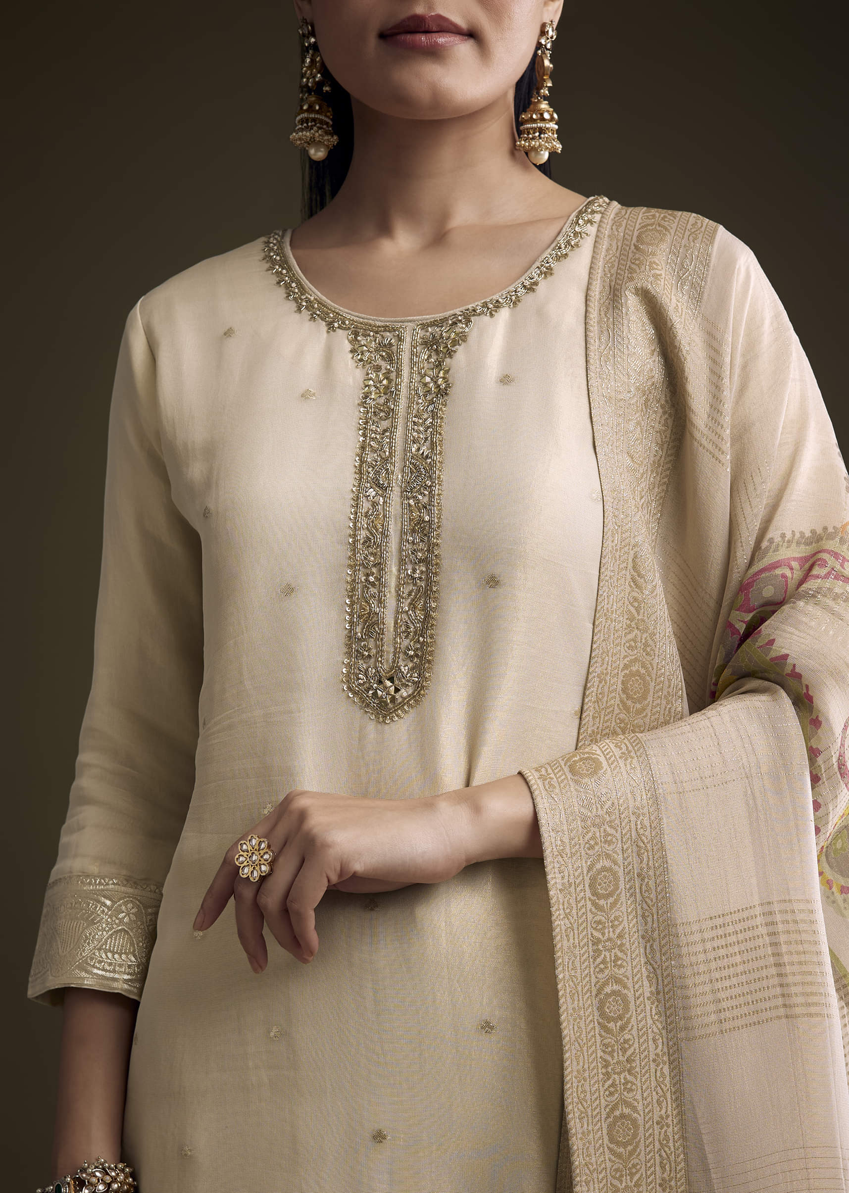 Cream Tissue Palazzo Suit With Sequins And Cutdana Work - Image 3