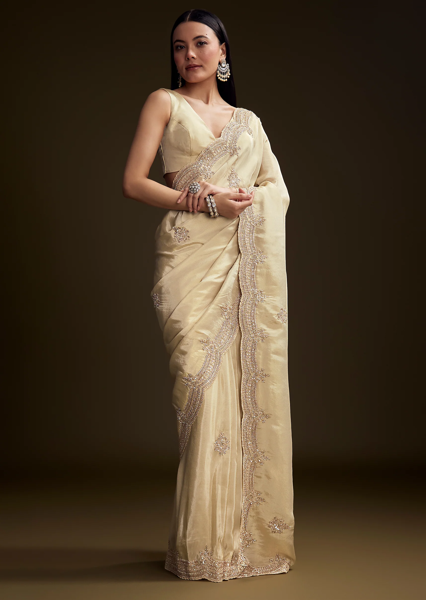 Cream Tissue Saree With Zardosi And Bead Embroidery - Image 3