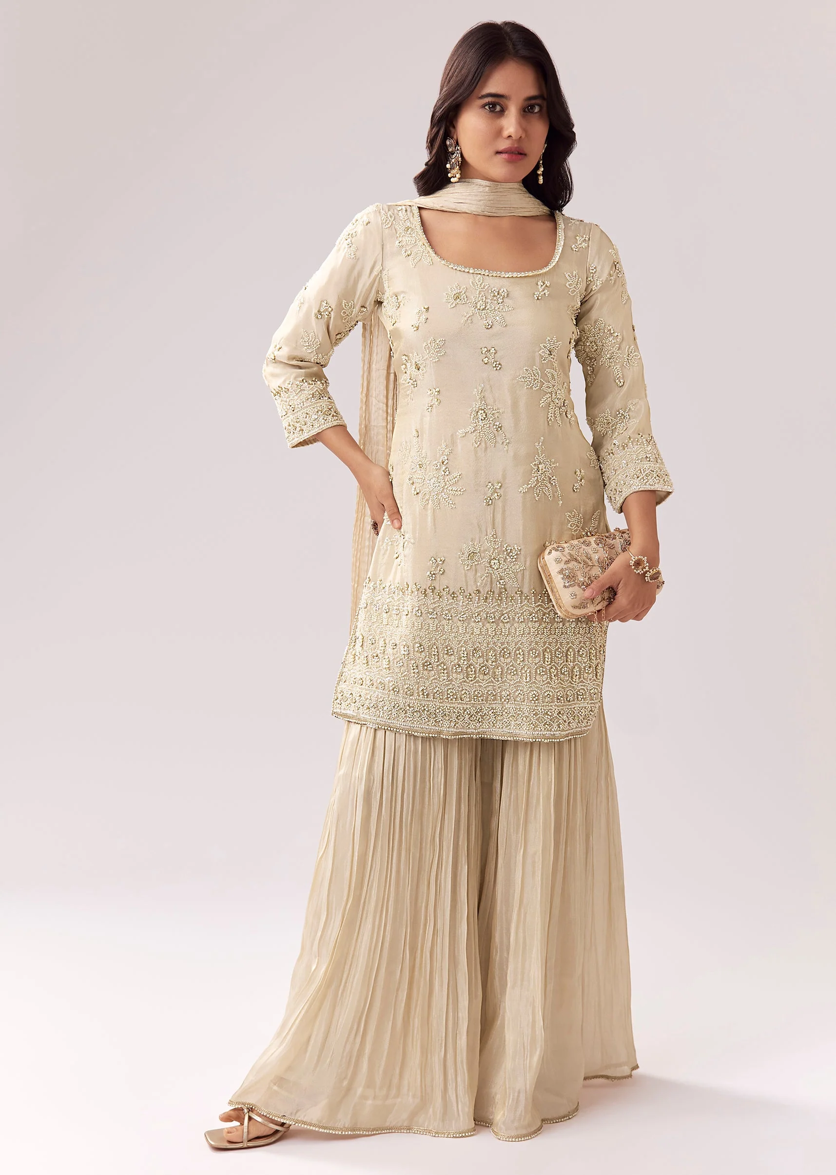 Cream Tissue Sharara Set With Bead And Sequin - Image 3