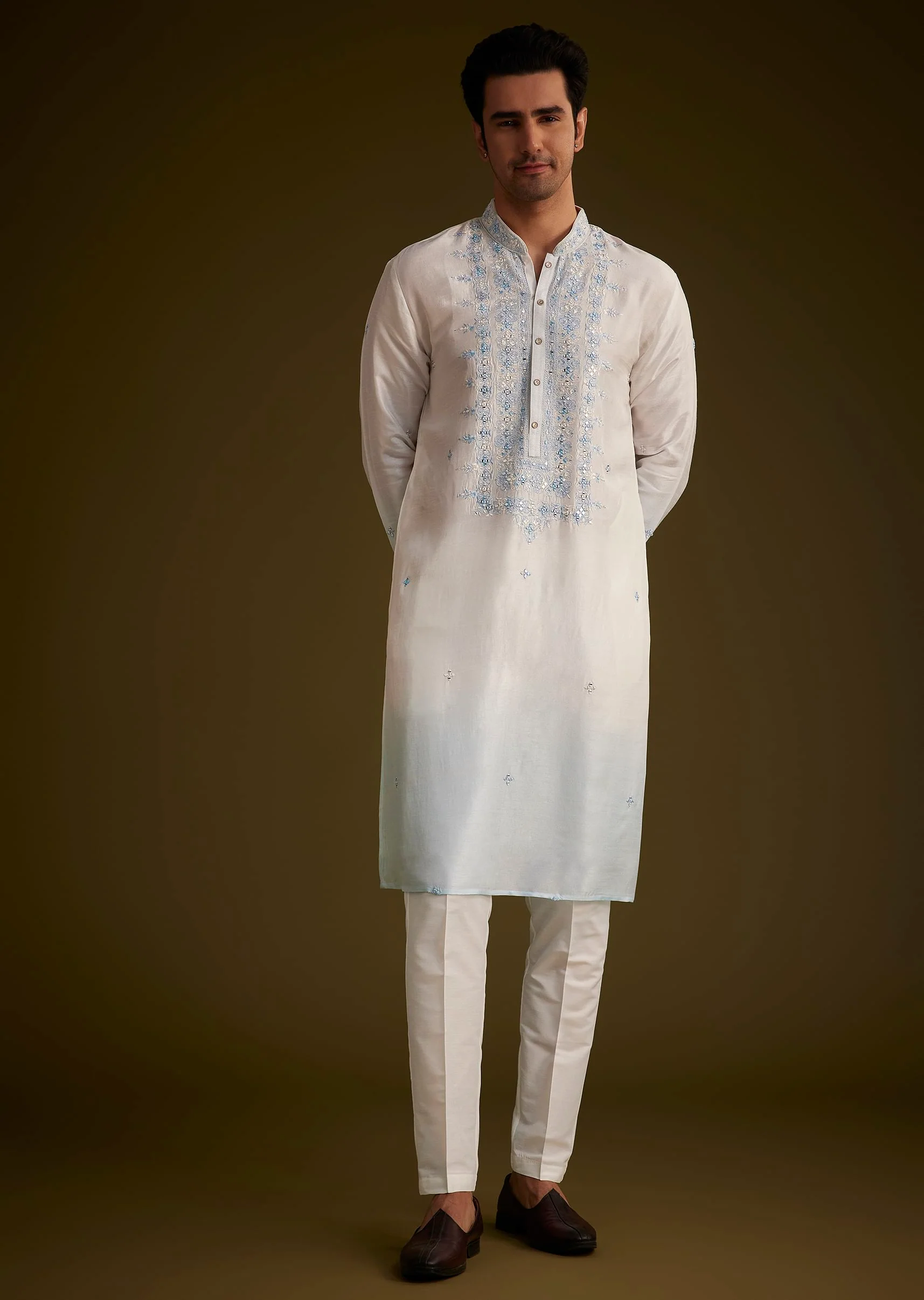 Cream To Blue Ombre Silk Kurta Set With Mirror Embroidery - Image 4