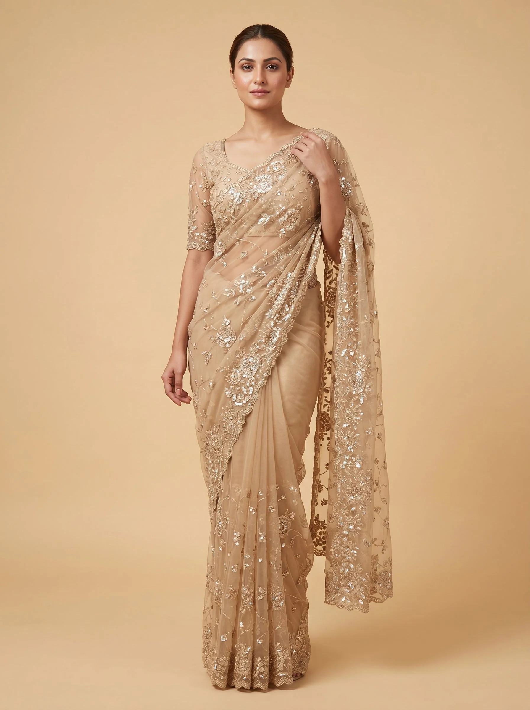 Cream Tussar Embroidered Saree