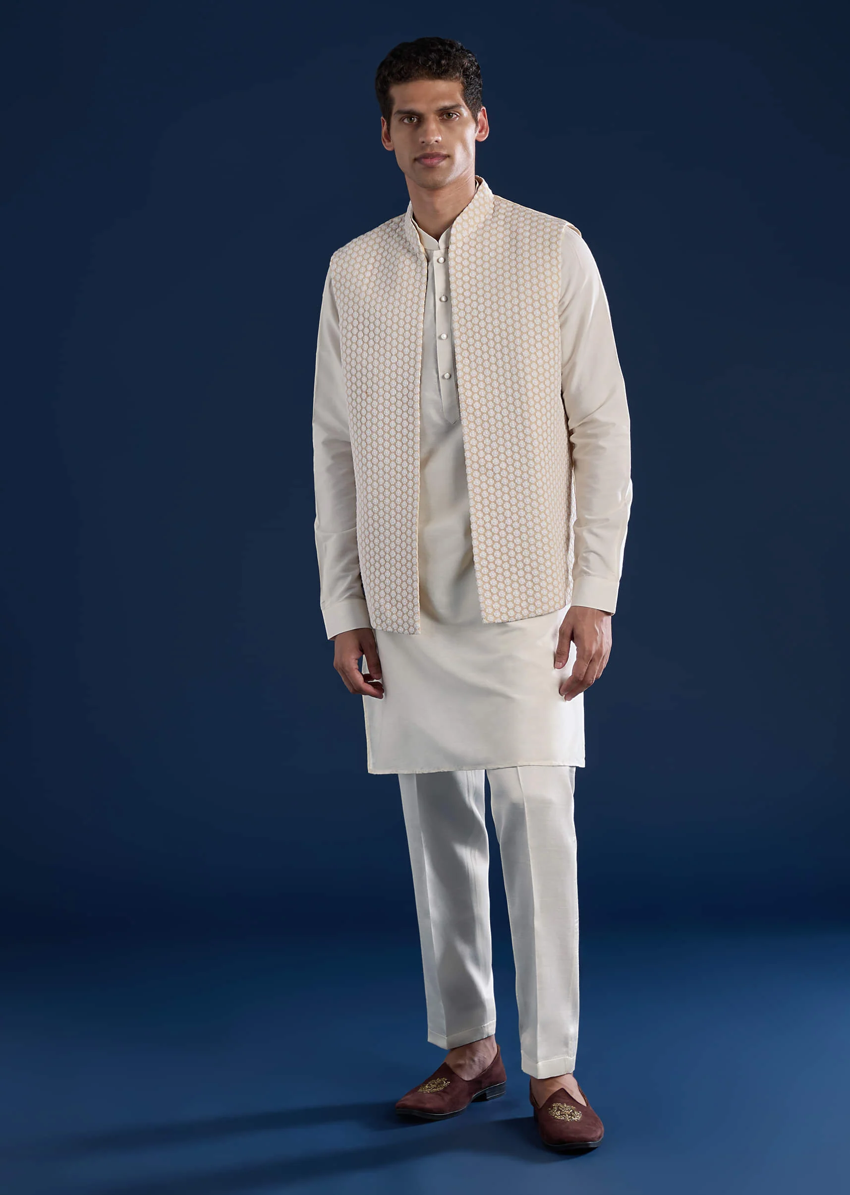 Cream Viscose Jacket Kurta Set With Embellished Work