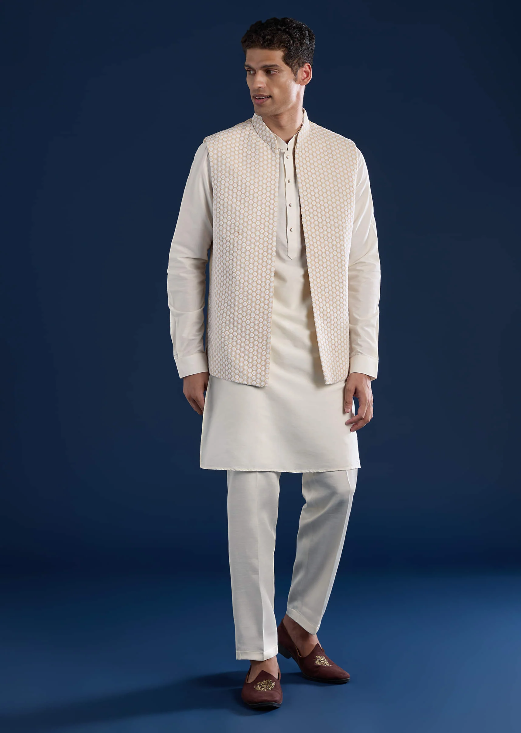 Cream Viscose Jacket Kurta Set With Embellished Work - Image 3