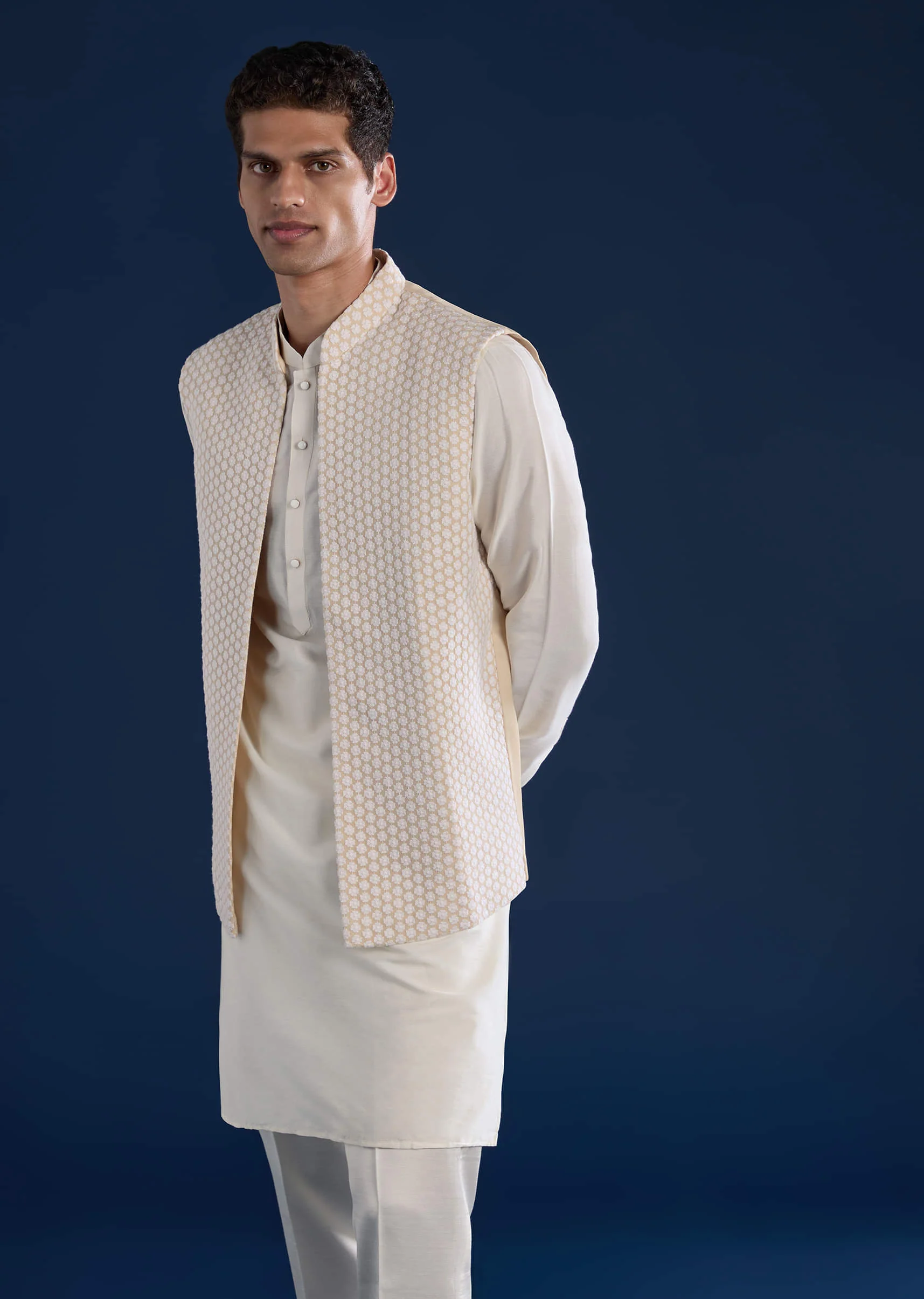 Cream Viscose Jacket Kurta Set With Embellished Work - Image 4