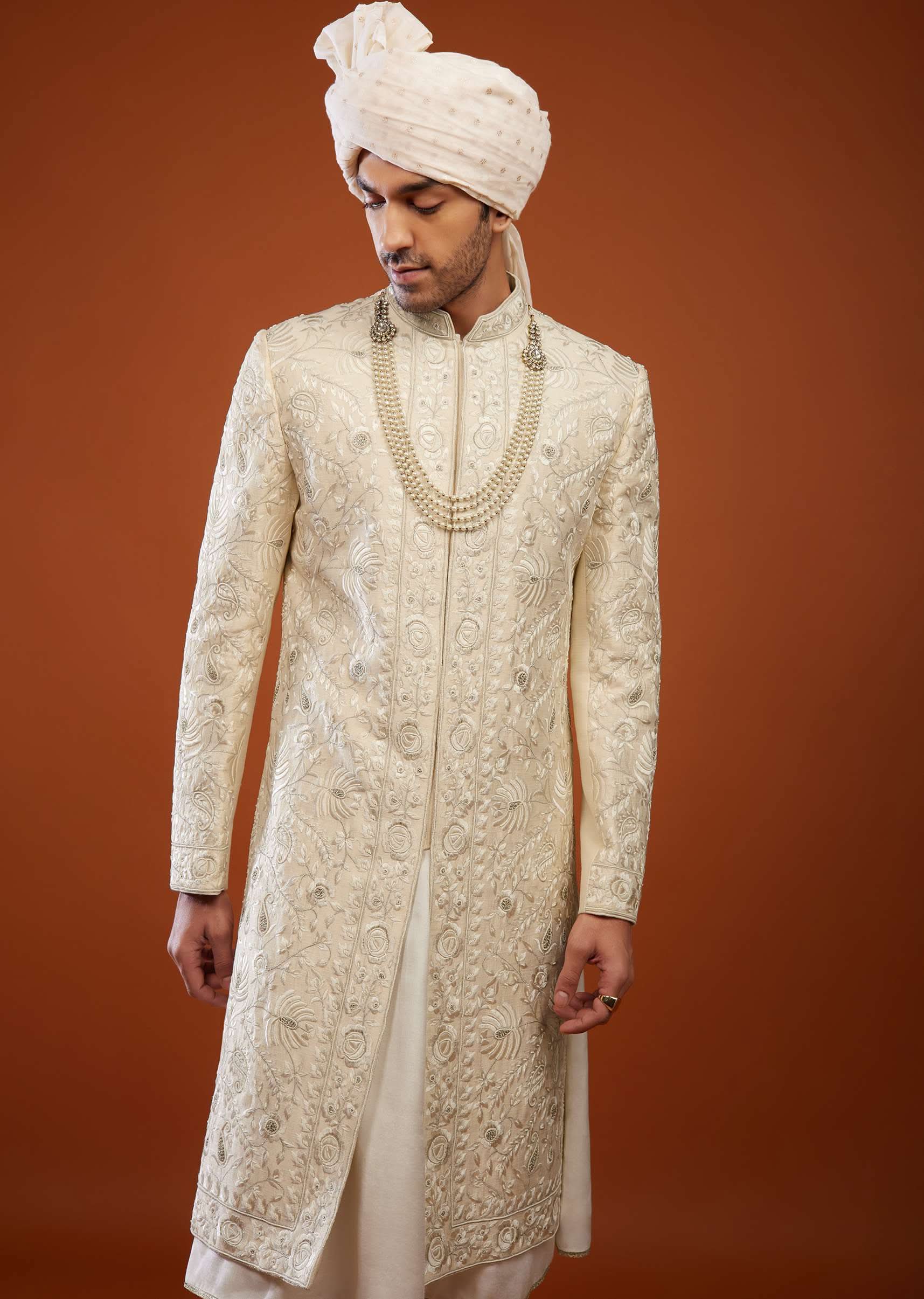 Cream White Embroidered Sherwani Set In Tussar Silk - Image 2