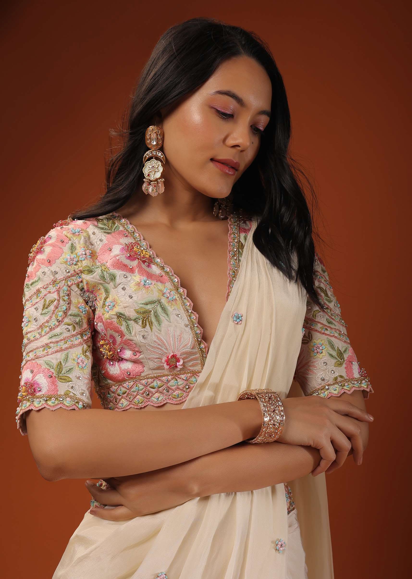 Cream White Ready Tp Wear Saree With Floral Hand Work On The Blouse - Image 4