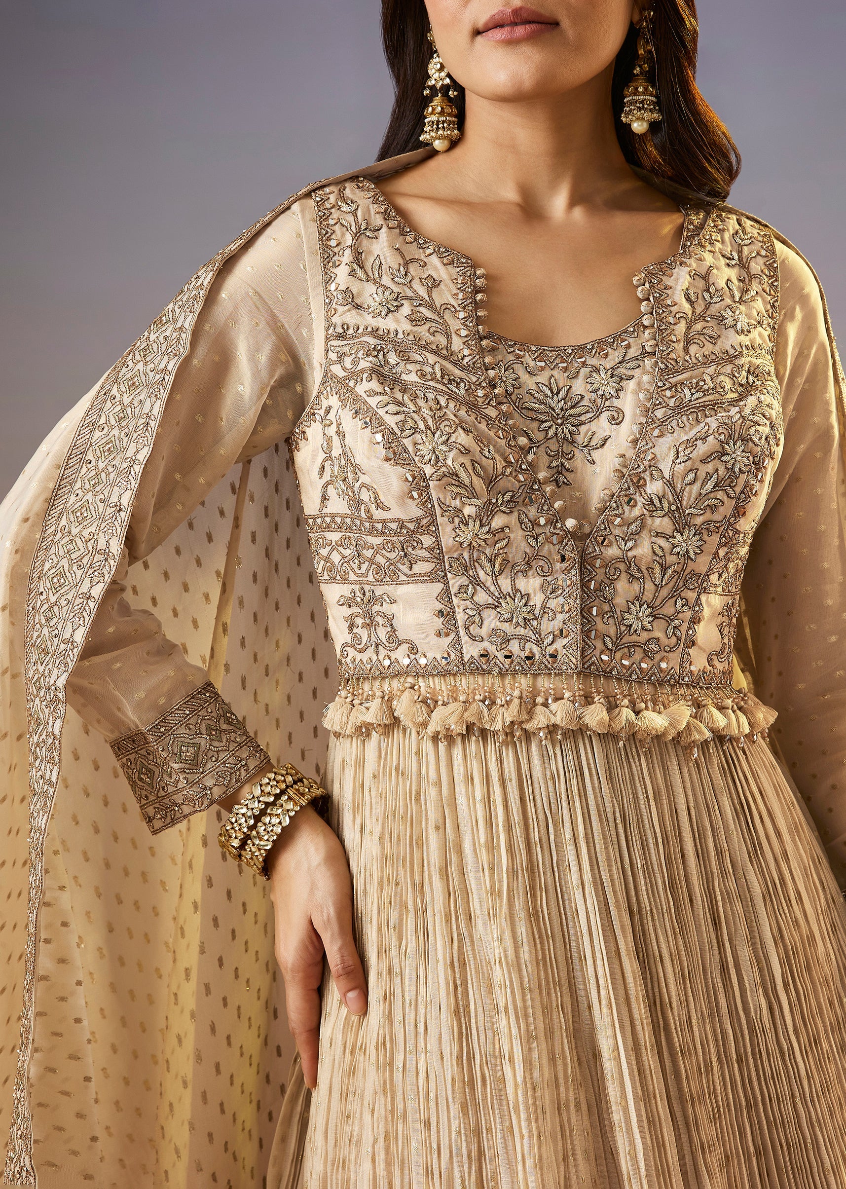 Cream Zardosi Jacket Anarkali Set With Dupatta - Image 2