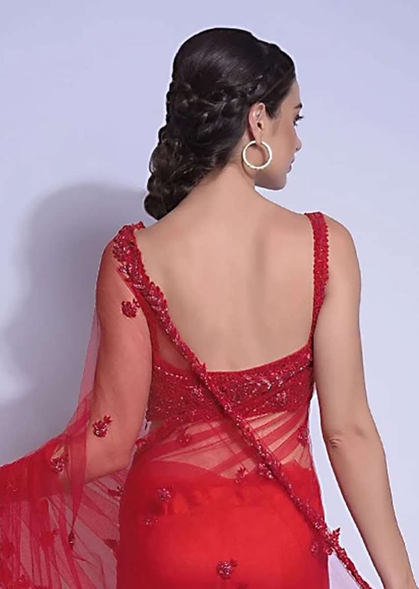 Crimson Red Blouse With Sequins And Cut Dana Work And Sweetheart Neckline - Image 2
