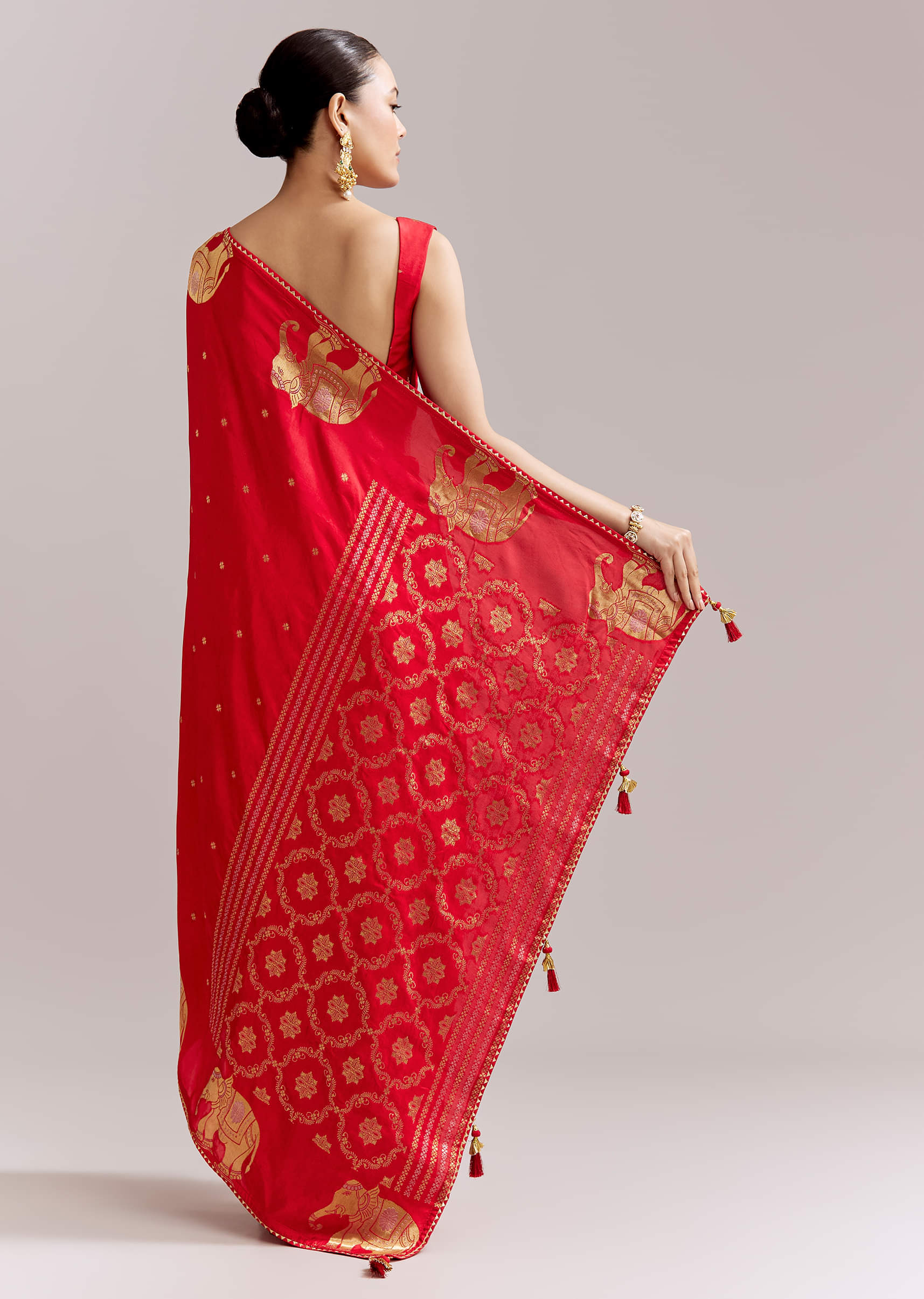 Crimson Red Chinon Woven Saree With Elephant Motifs - Image 4