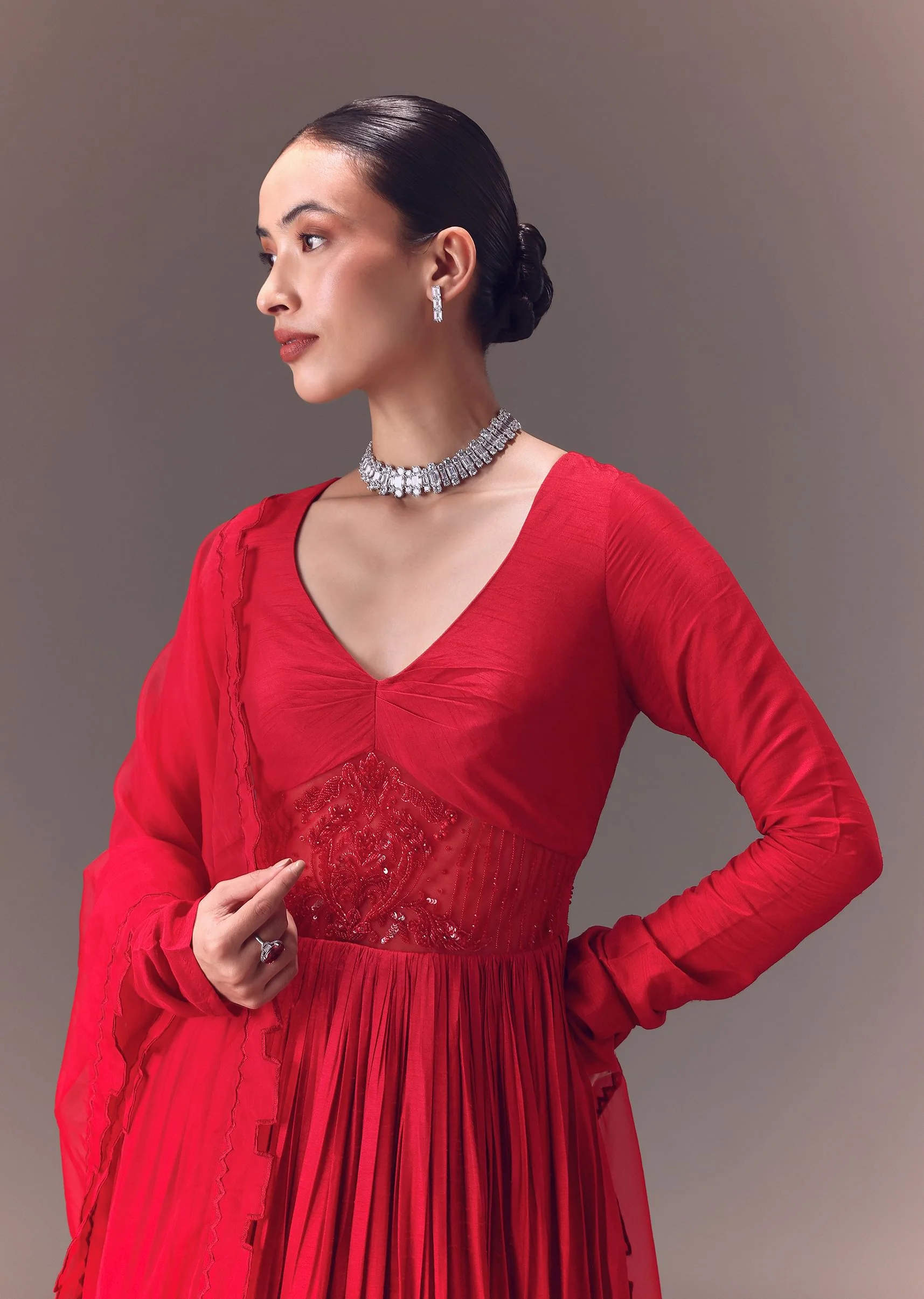 Crimson Red Ruched Embroidered Suit With Dupatta - Image 2