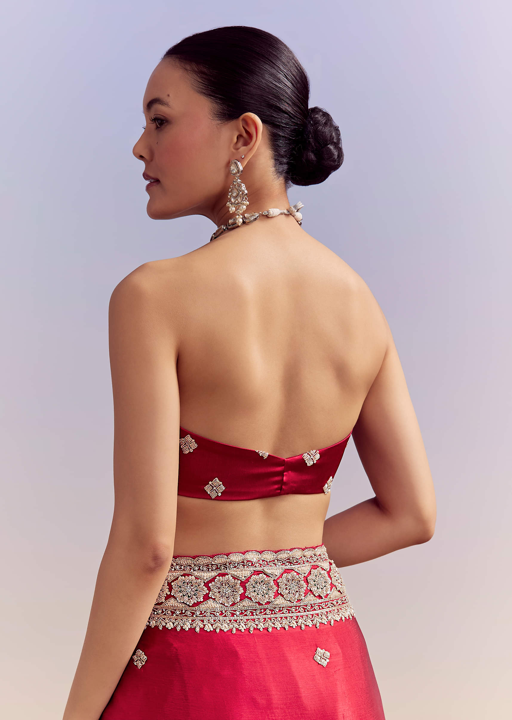 Crimson Red Satin Saree With Floral Border And Butti - Image 8