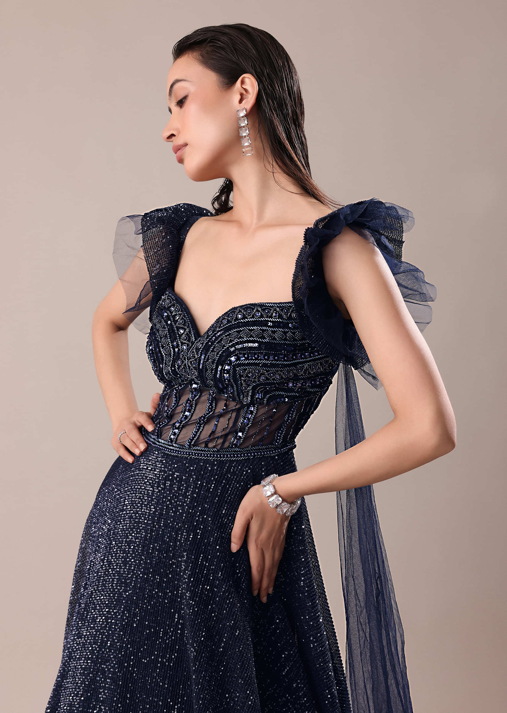 Dark Blue Embroidered Gown With Wings - Image 2