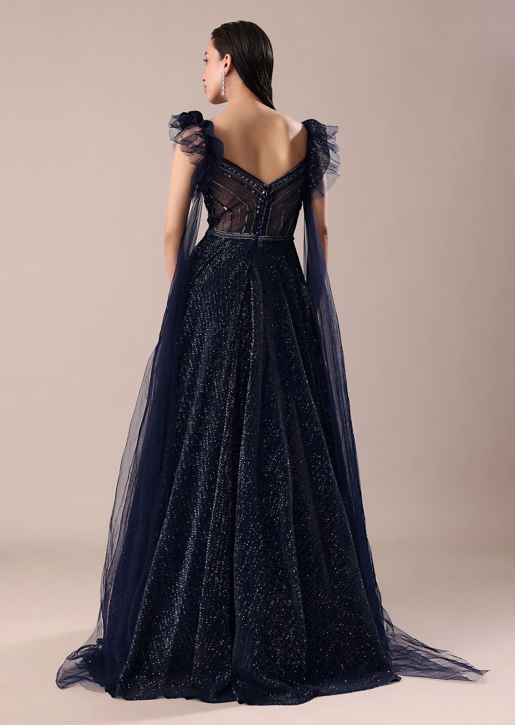 Dark Blue Embroidered Gown With Wings - Image 6