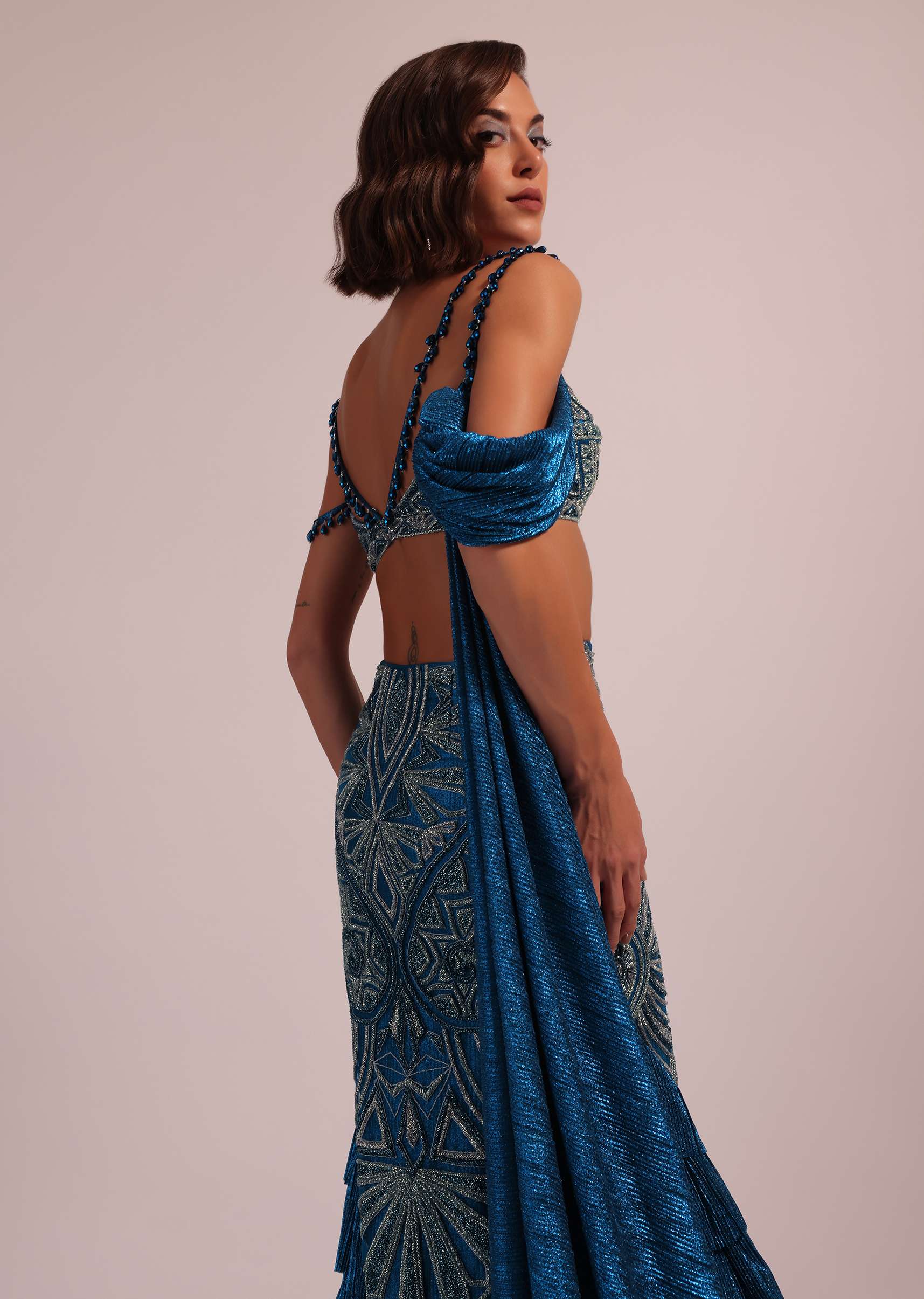 Dark Blue Fish Cut Bridal Lehenga Set In Net With Attached Cape - Image 7