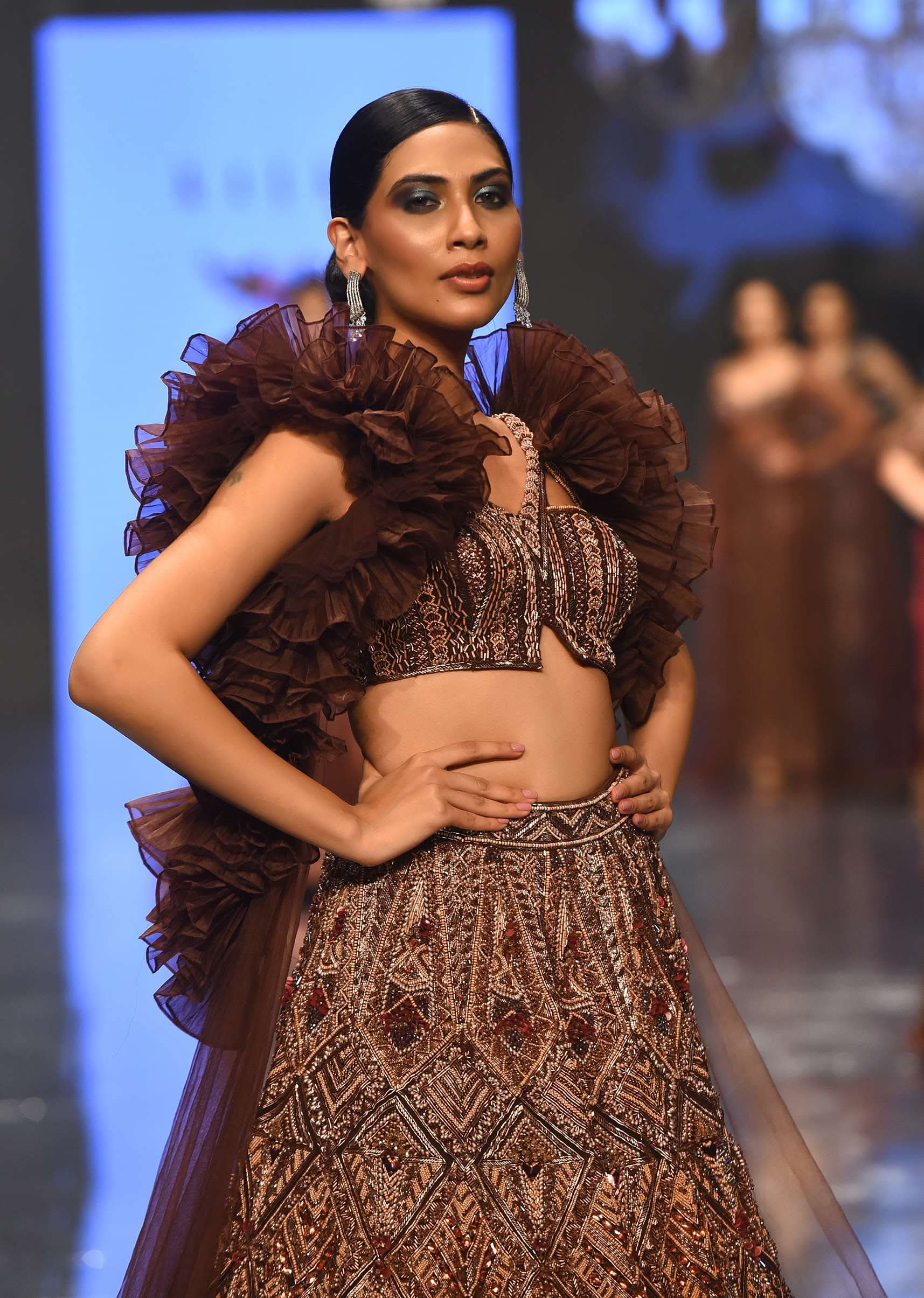 Dark Brown Exemplar Lehenga Set With Heavy Embroidery And Ruffle Shrug - NOOR 2022 - Image 4