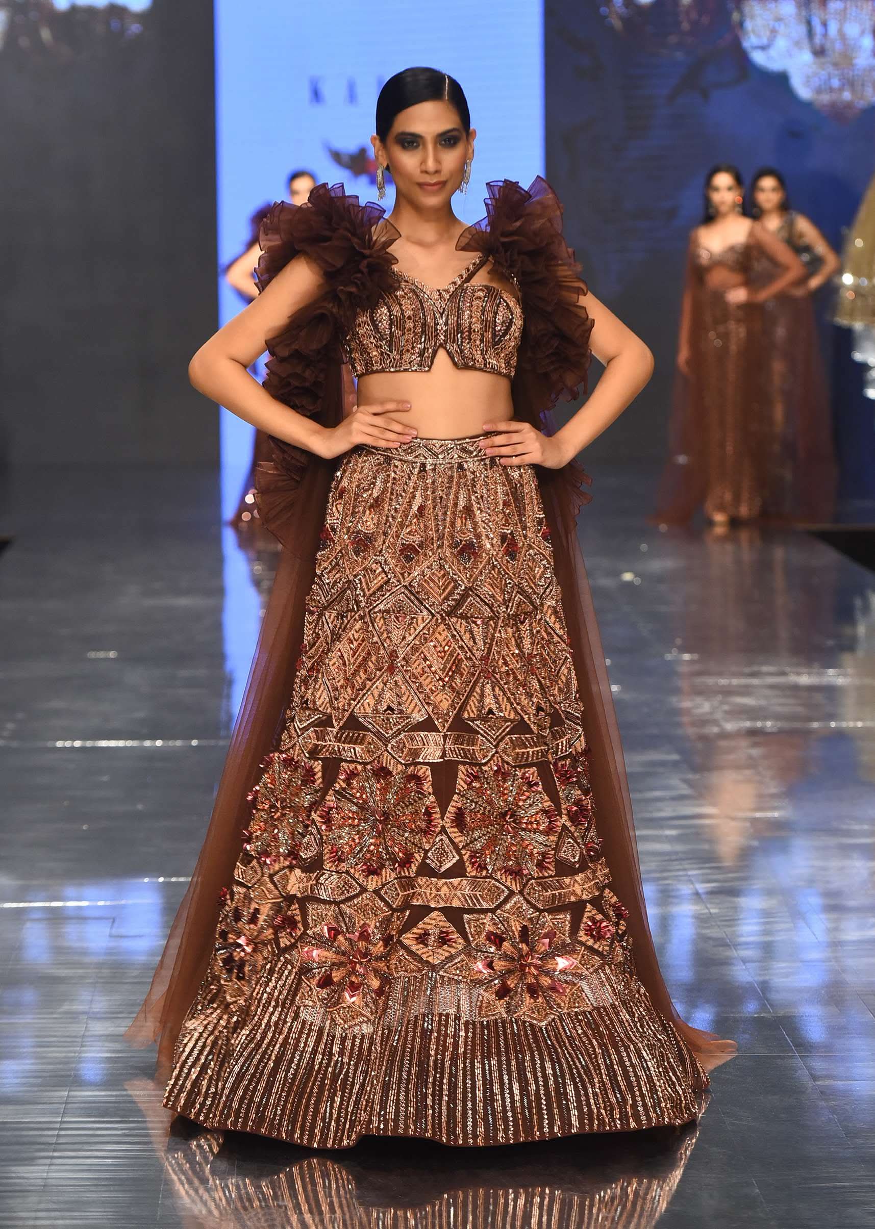 Dark Brown Exemplar Lehenga Set With Heavy Embroidery And Ruffle Shrug - NOOR 2022 - Image 5