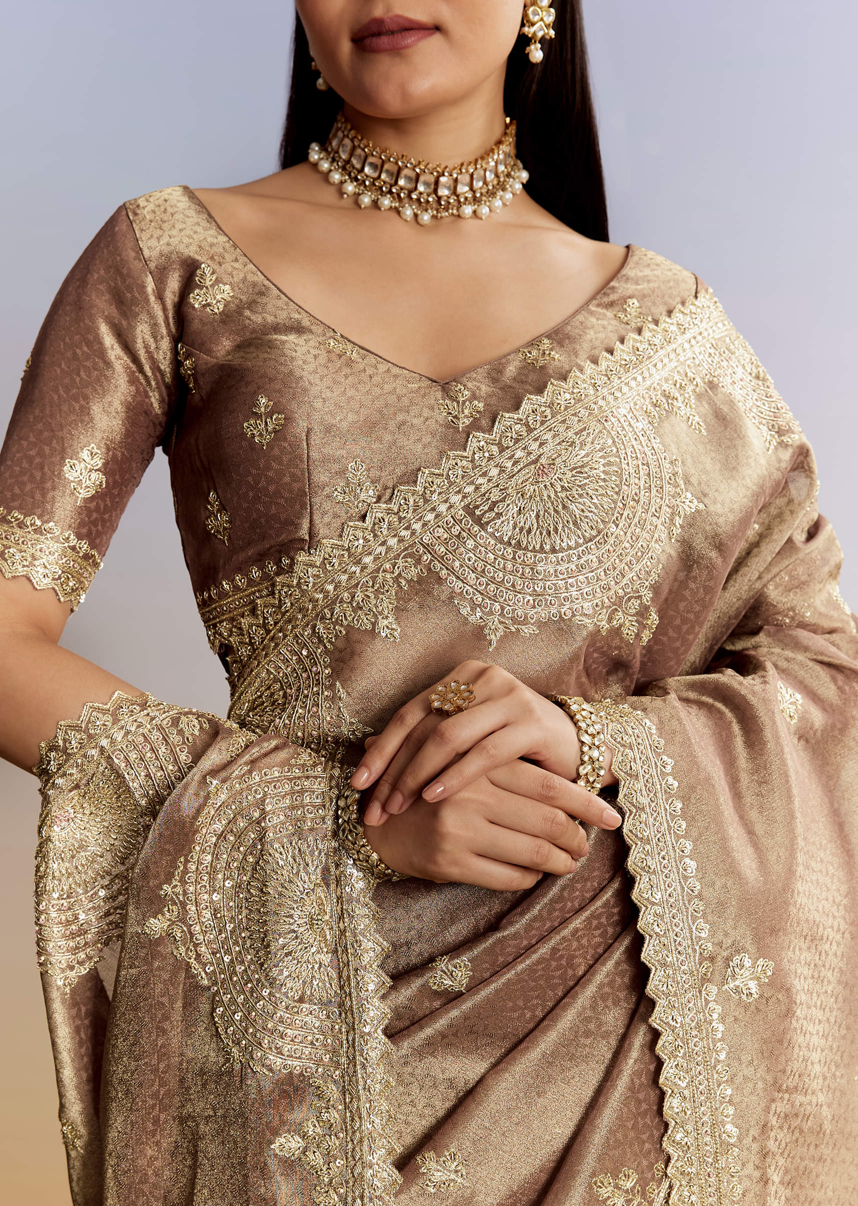 Dark Brown Jacquard Tissue Saree With Zigzag Zardosi Border - Image 2