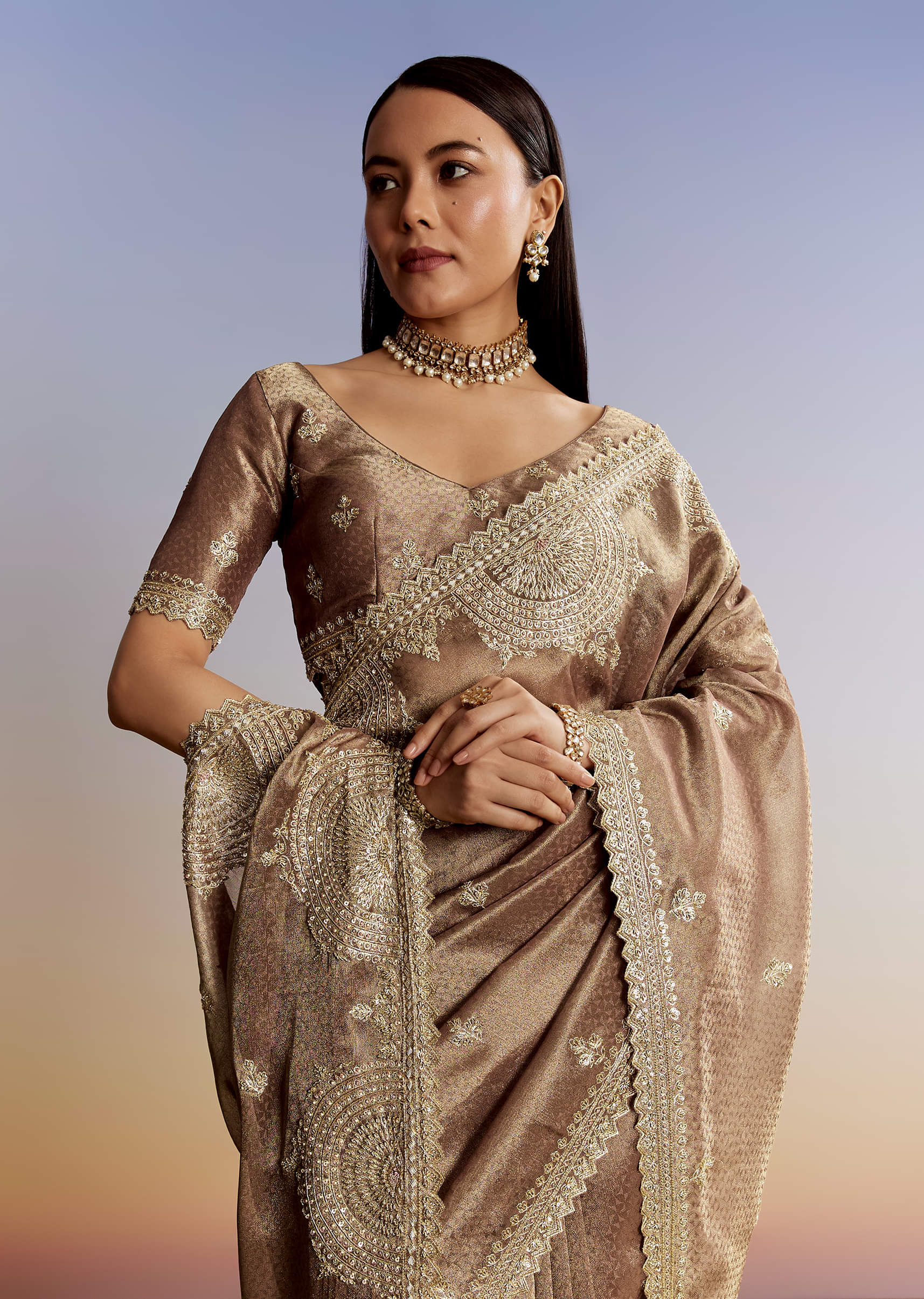 Dark Brown Jacquard Tissue Saree With Zigzag Zardosi Border - Image 5