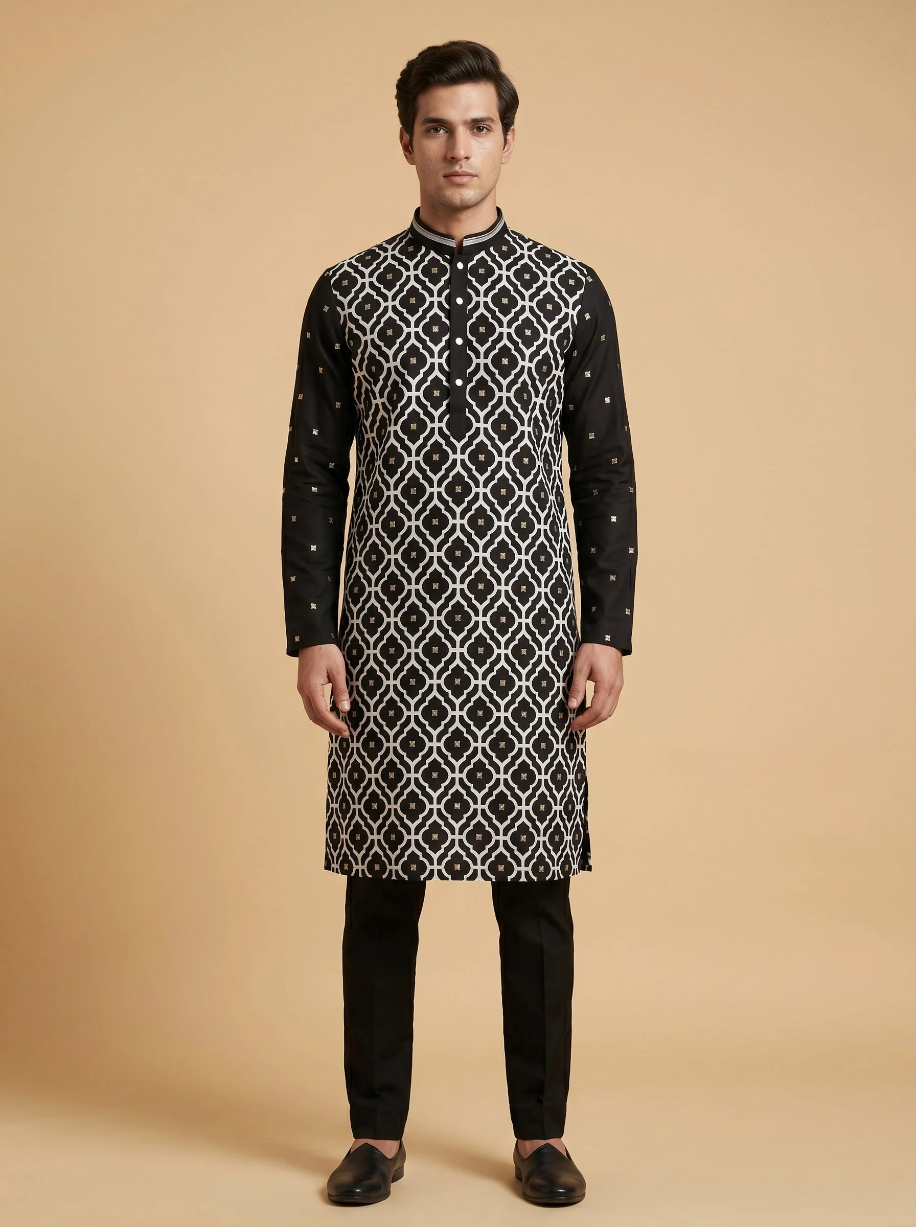 Dark Charcoal Geometric Print Kurta Set
