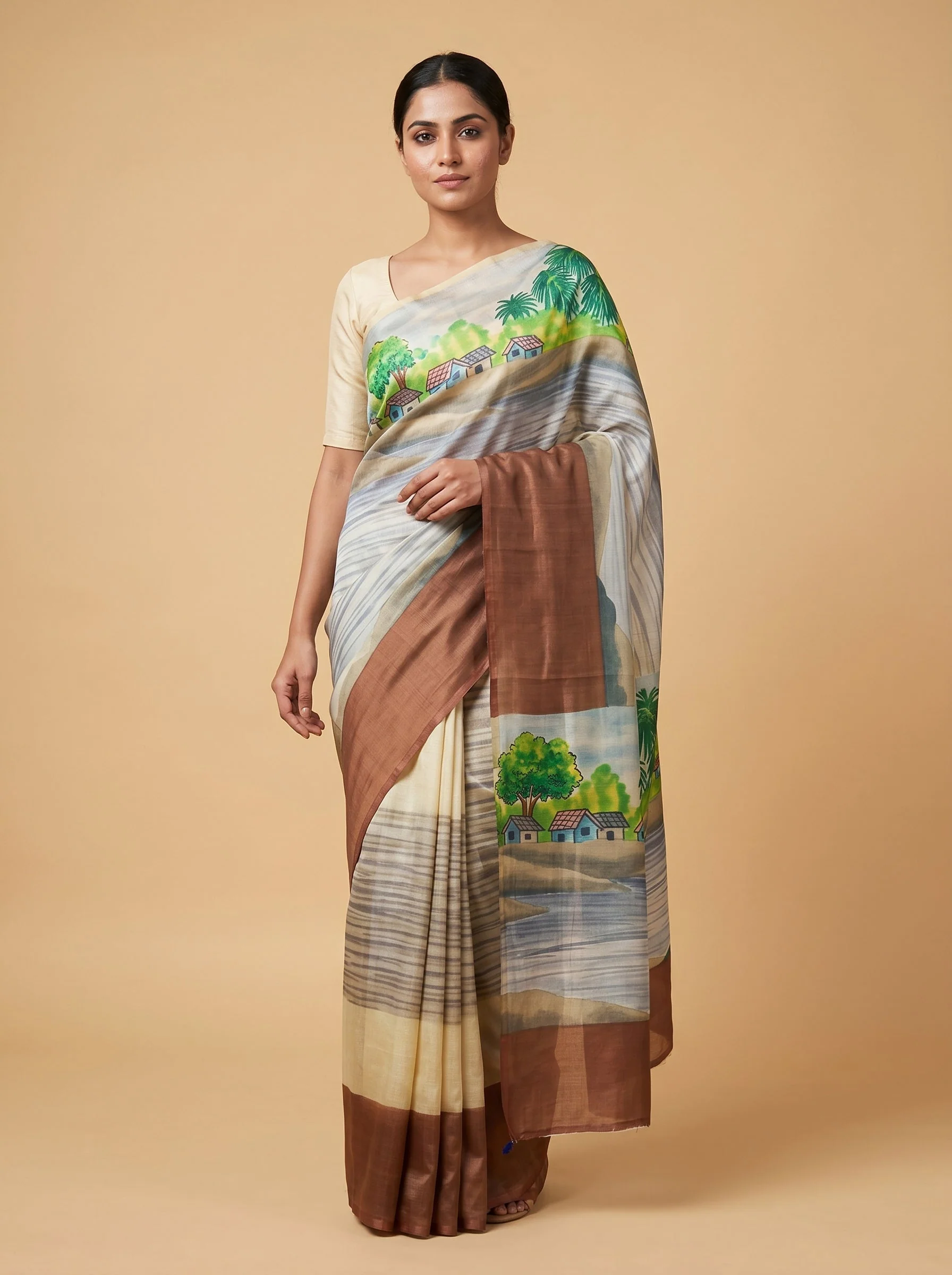 Dark Cream Deep Tone Handloom Saree