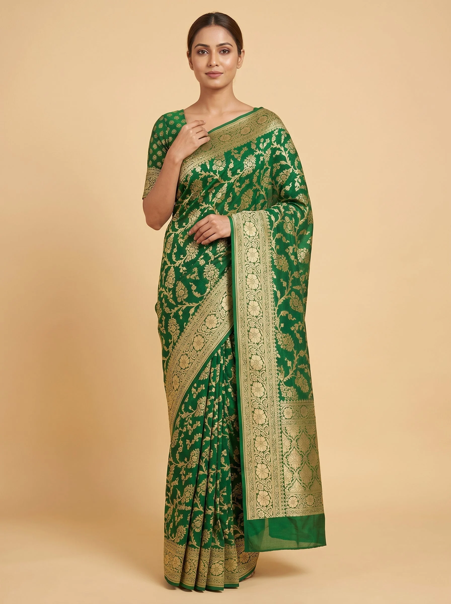Dark Forest Green Embroidered Saree