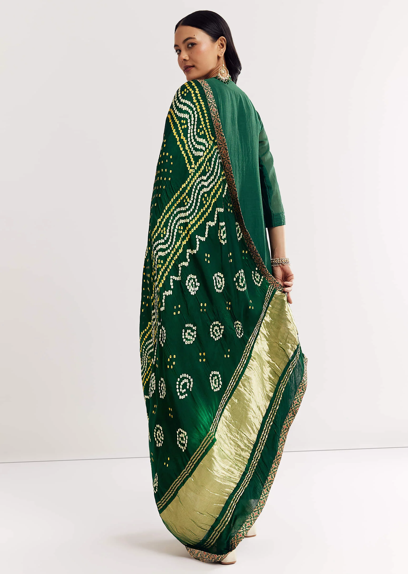 Dark Green Angrakha Kurta Set With Bandhani Dupatta - Image 5