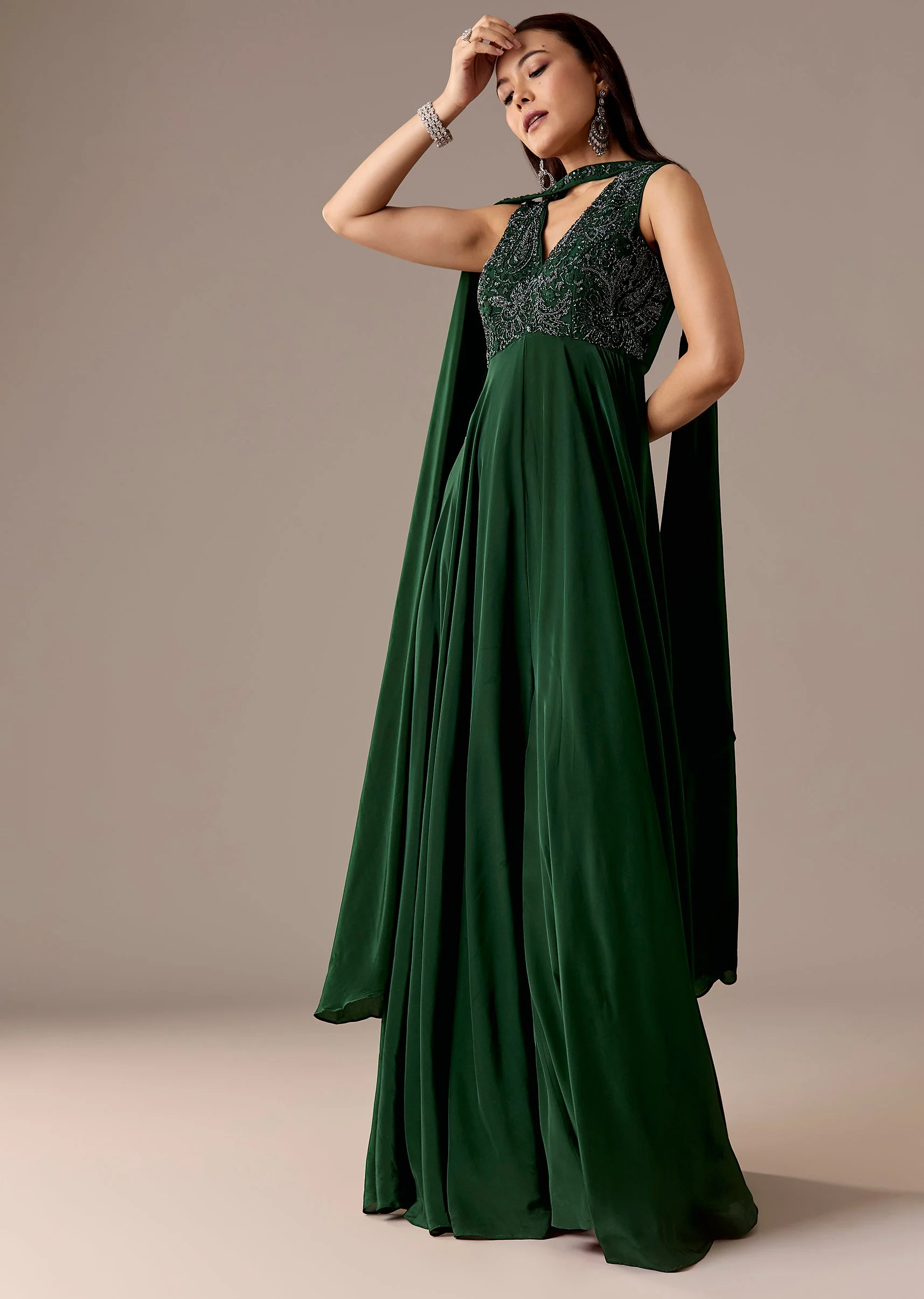 Dark Green Beaded Jumpsuit With Dupatta - Image 3