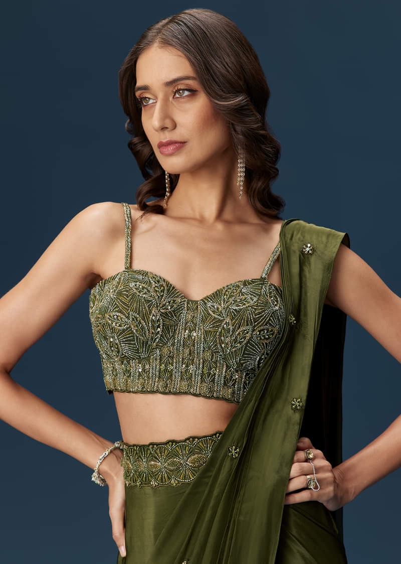 Dark Green Ready Pleated Saree With Corset Blouse - Image 5
