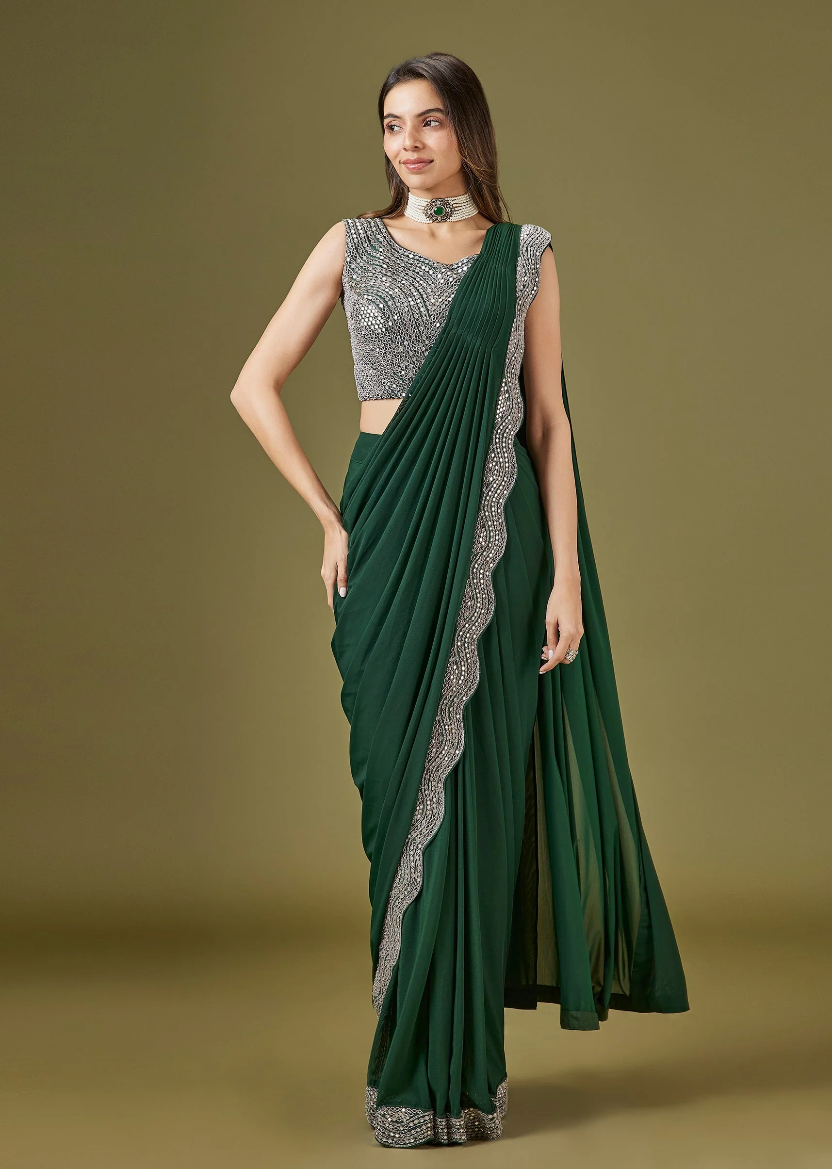 Dark Green Ready Pleated Saree With Mirror Embellished Blouse - Image 3