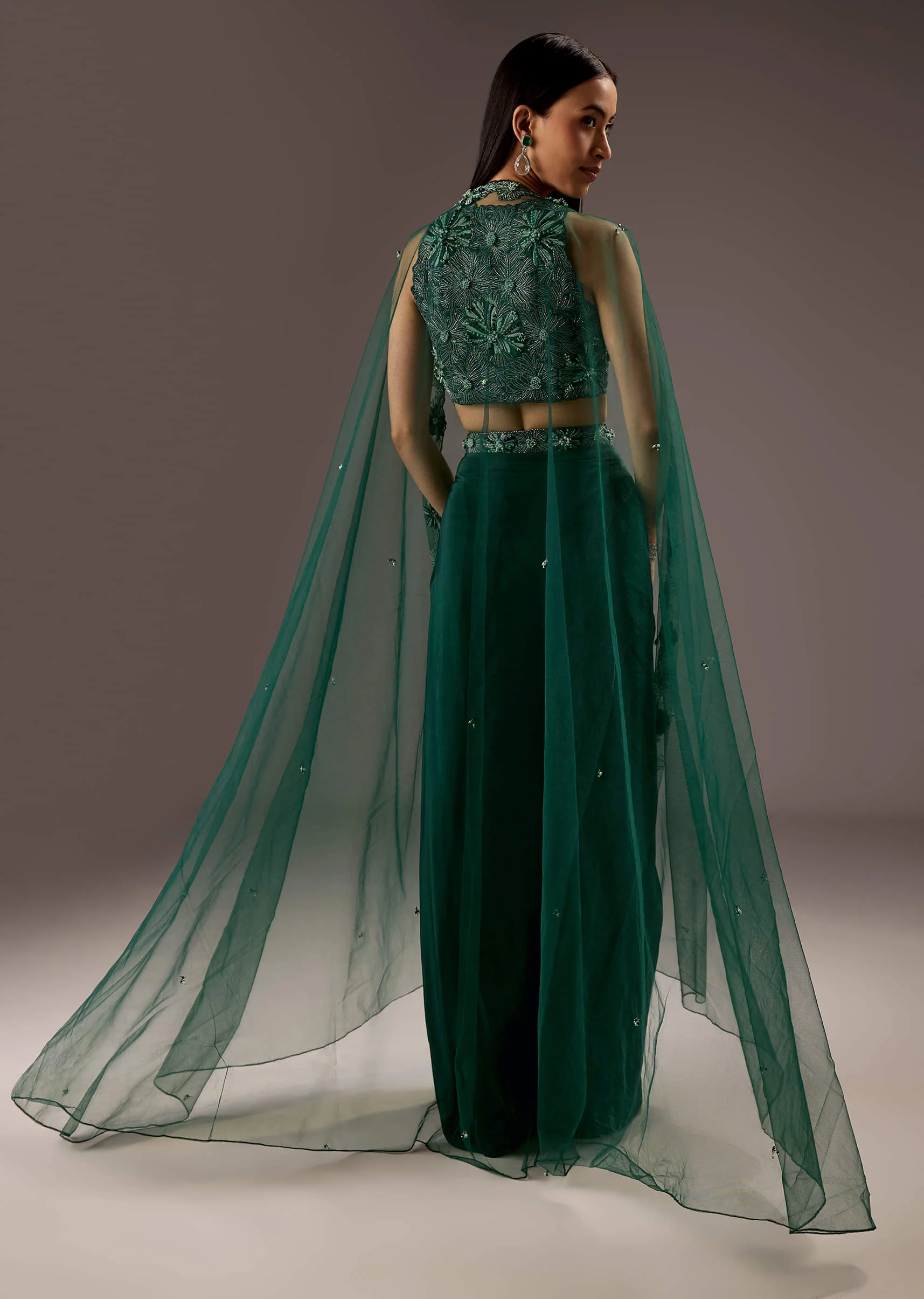 Dark Green Silk Crop Top Skirt With Heavy Embroidery - Image 2