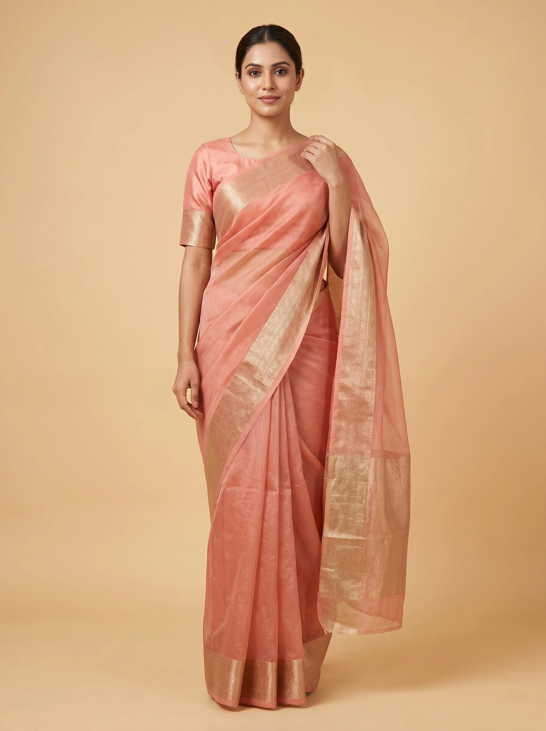 Dark Peach Embroidered Saree