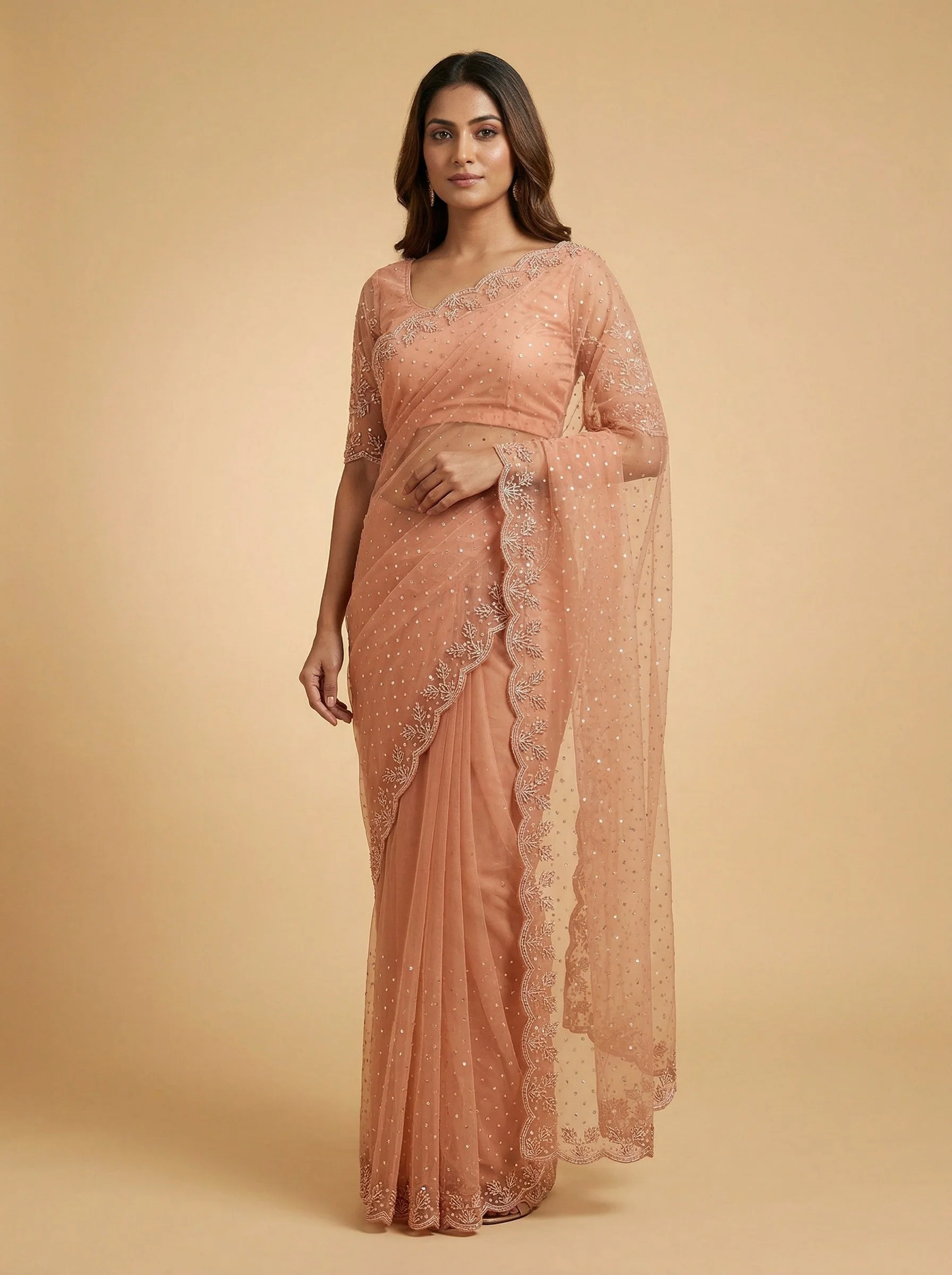 Dark Peach Royal Embroidered Saree