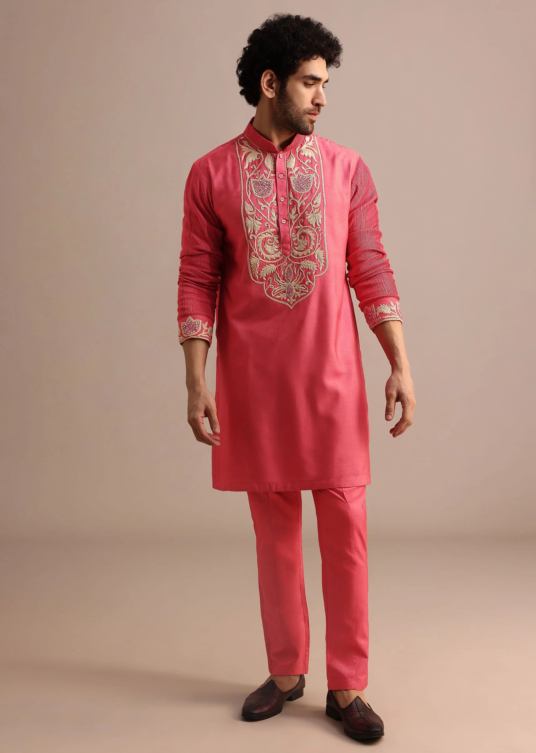 Dark Pink Embroidered Silk Kurta Jacket Set For Men - Image 6