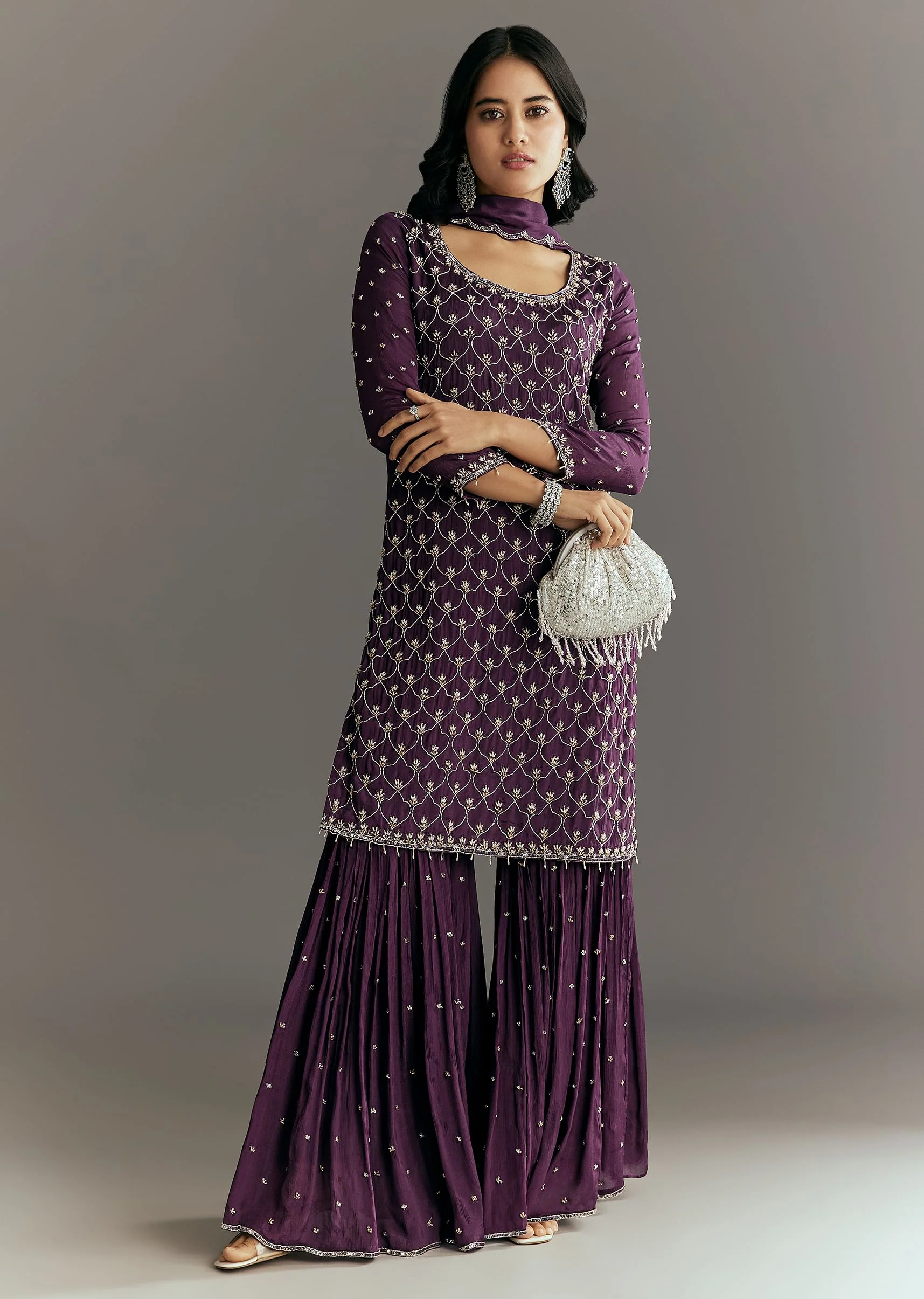 Dark Purple Chinon Sequin Work Kurta Sharara With Dupatta - Image 3