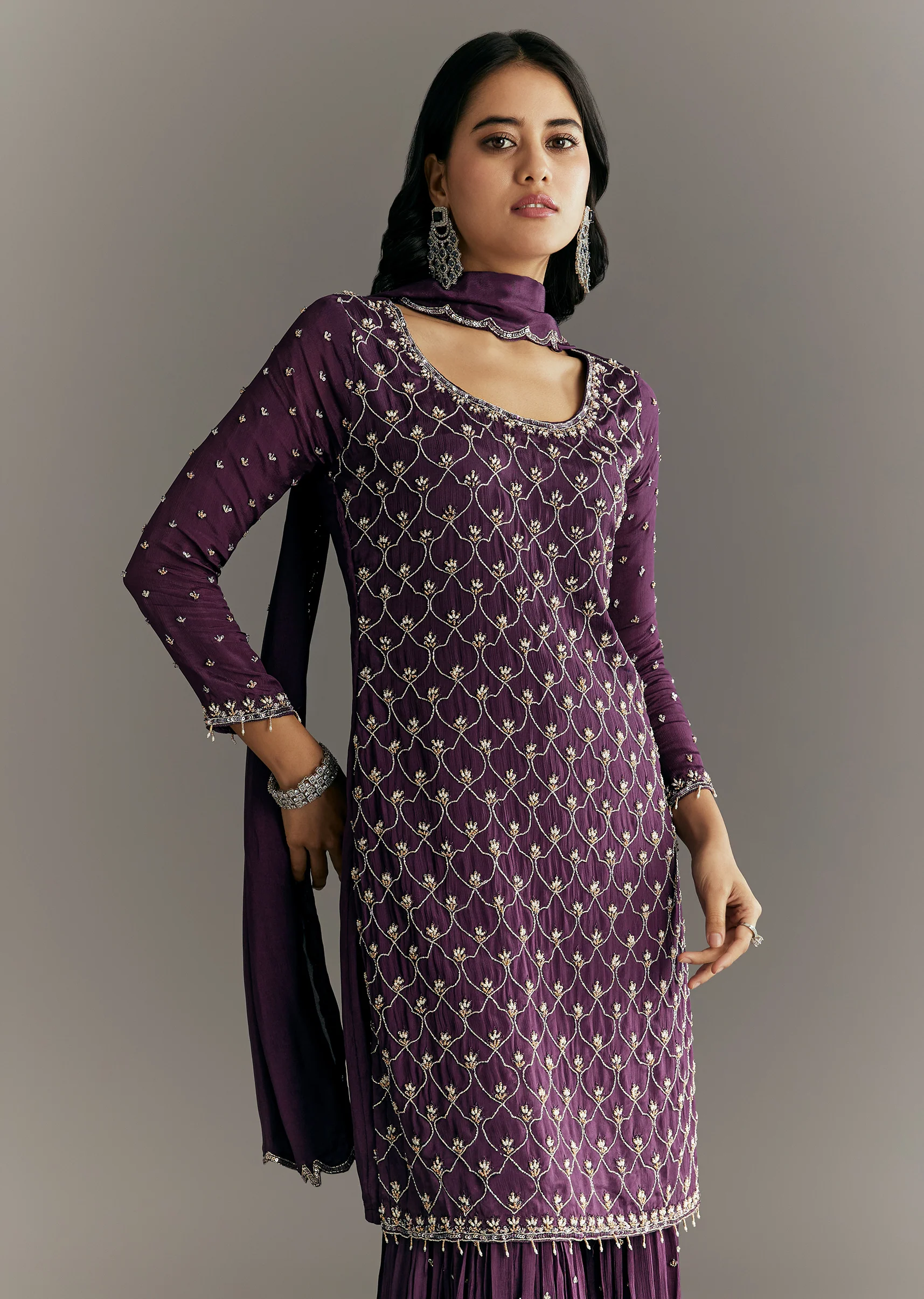 Dark Purple Chinon Sequin Work Kurta Sharara With Dupatta - Image 4