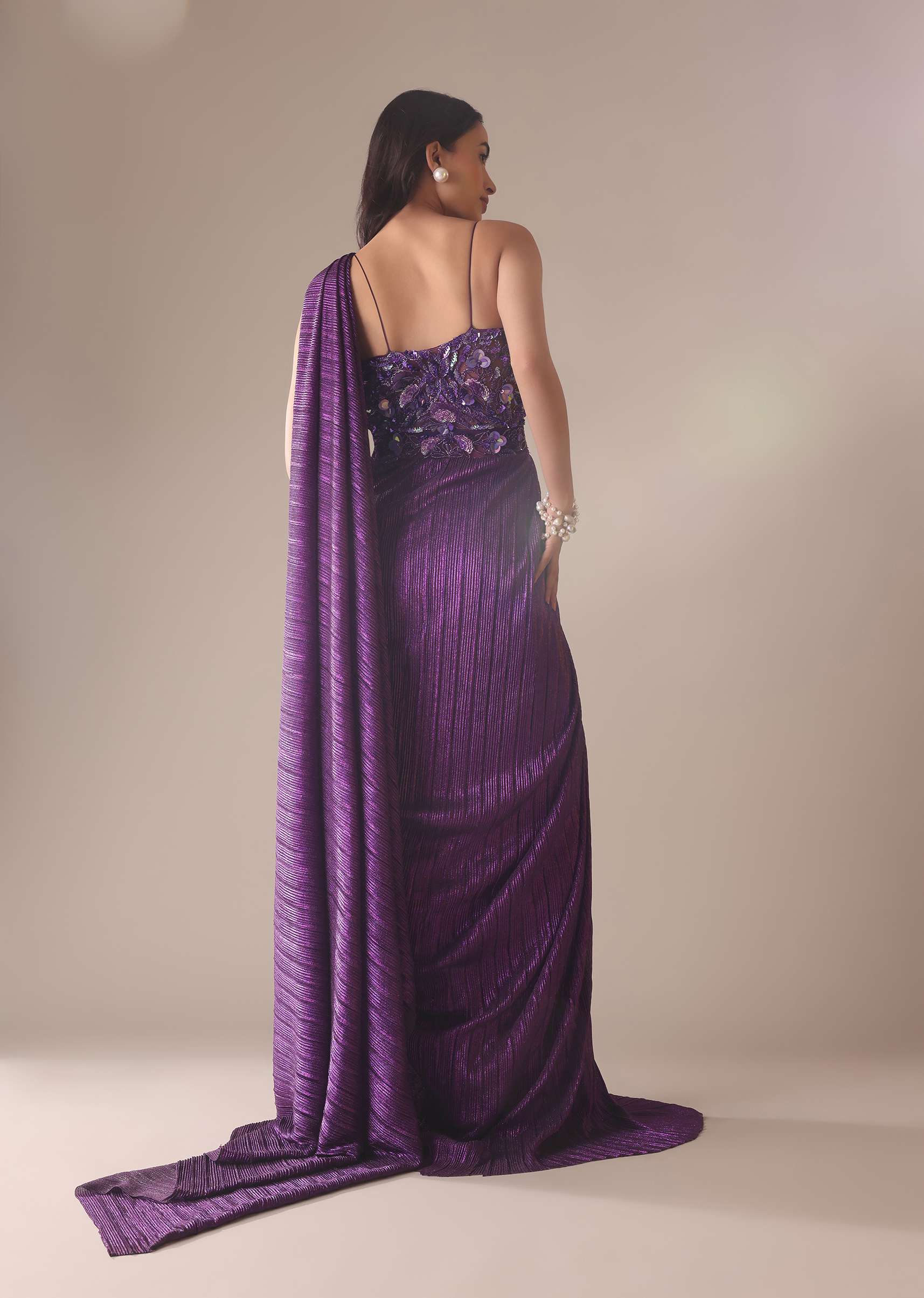 Dark Purple Heavy Embroidered Saree In Crushed Shimmer - Image 2