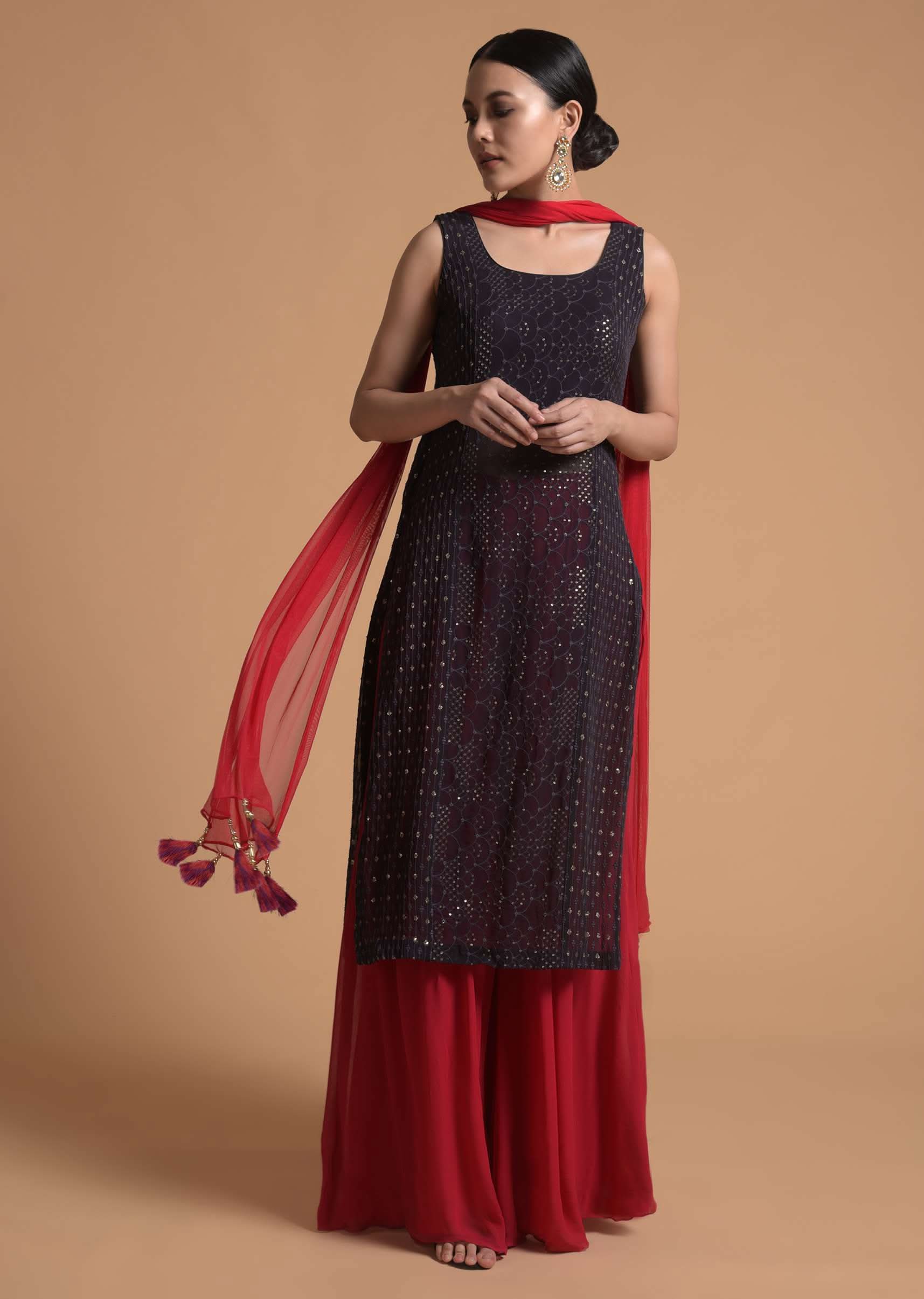 Dark Purple Straight Suit In Sheer Georgette With Lucknowi Work And Contrasting Red Palazzo Pants - Image 5