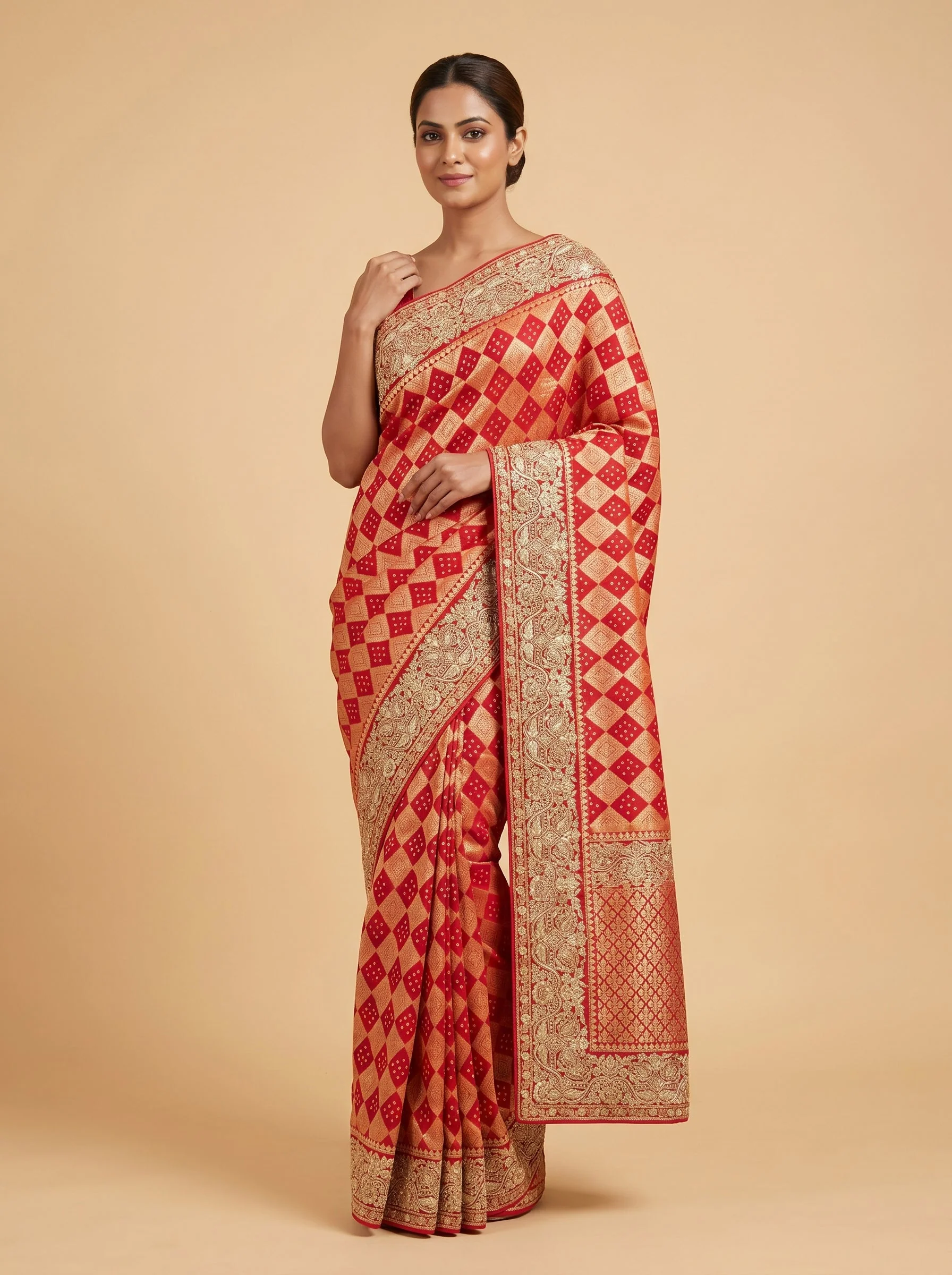 Dark Red Heritage Bandhani Saree