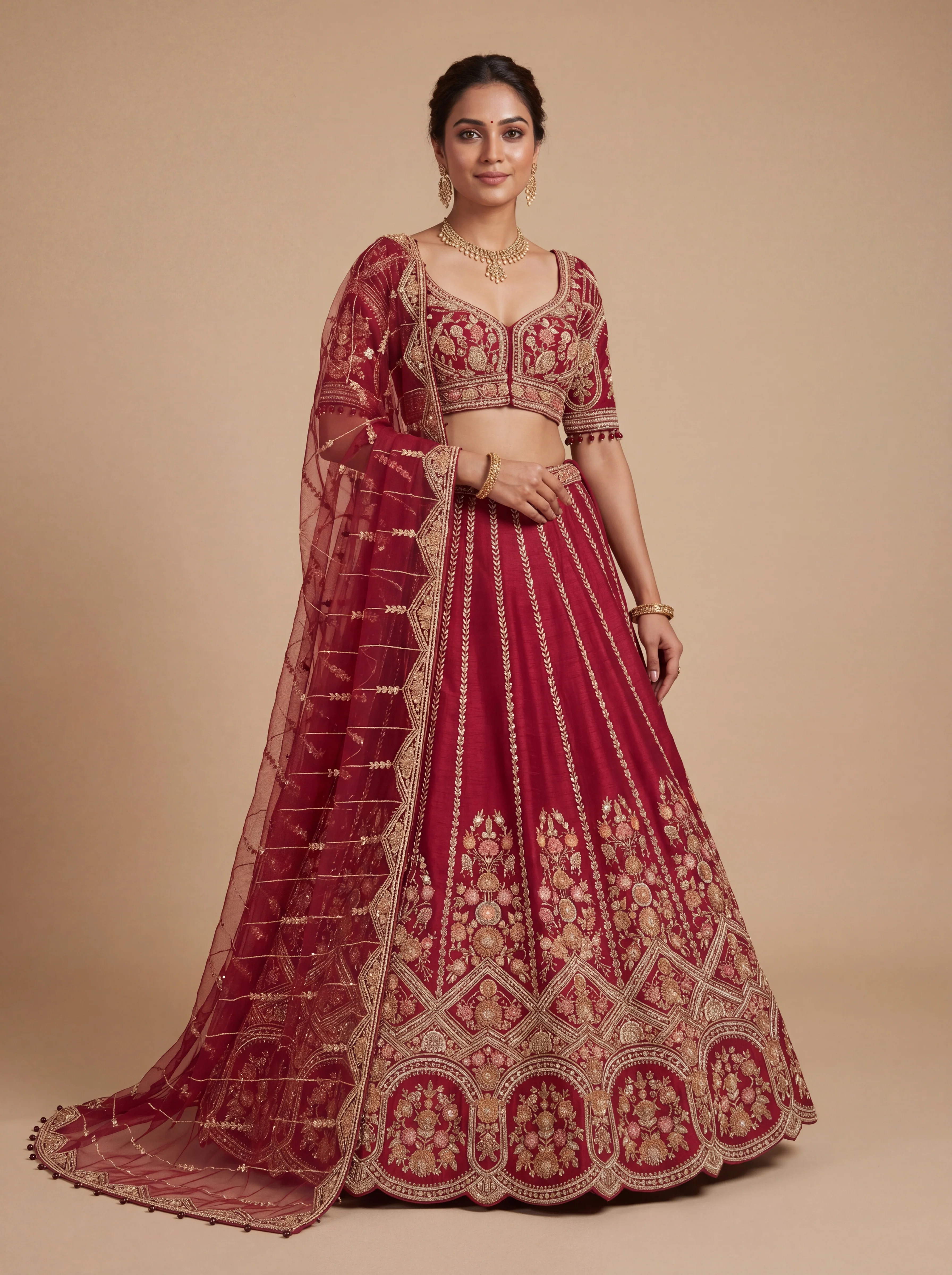 Dark Red Pheras Bridal Lehenga With Trailing Dupatta